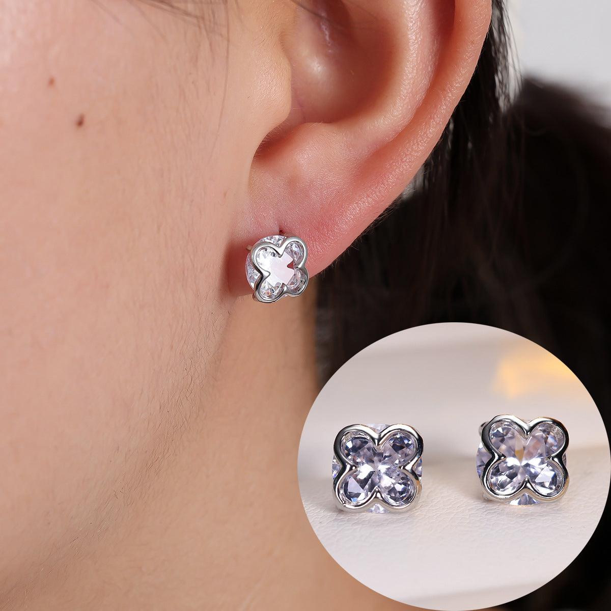 Cubic zirconia floral stud earrings by Yoshan, detail view 6