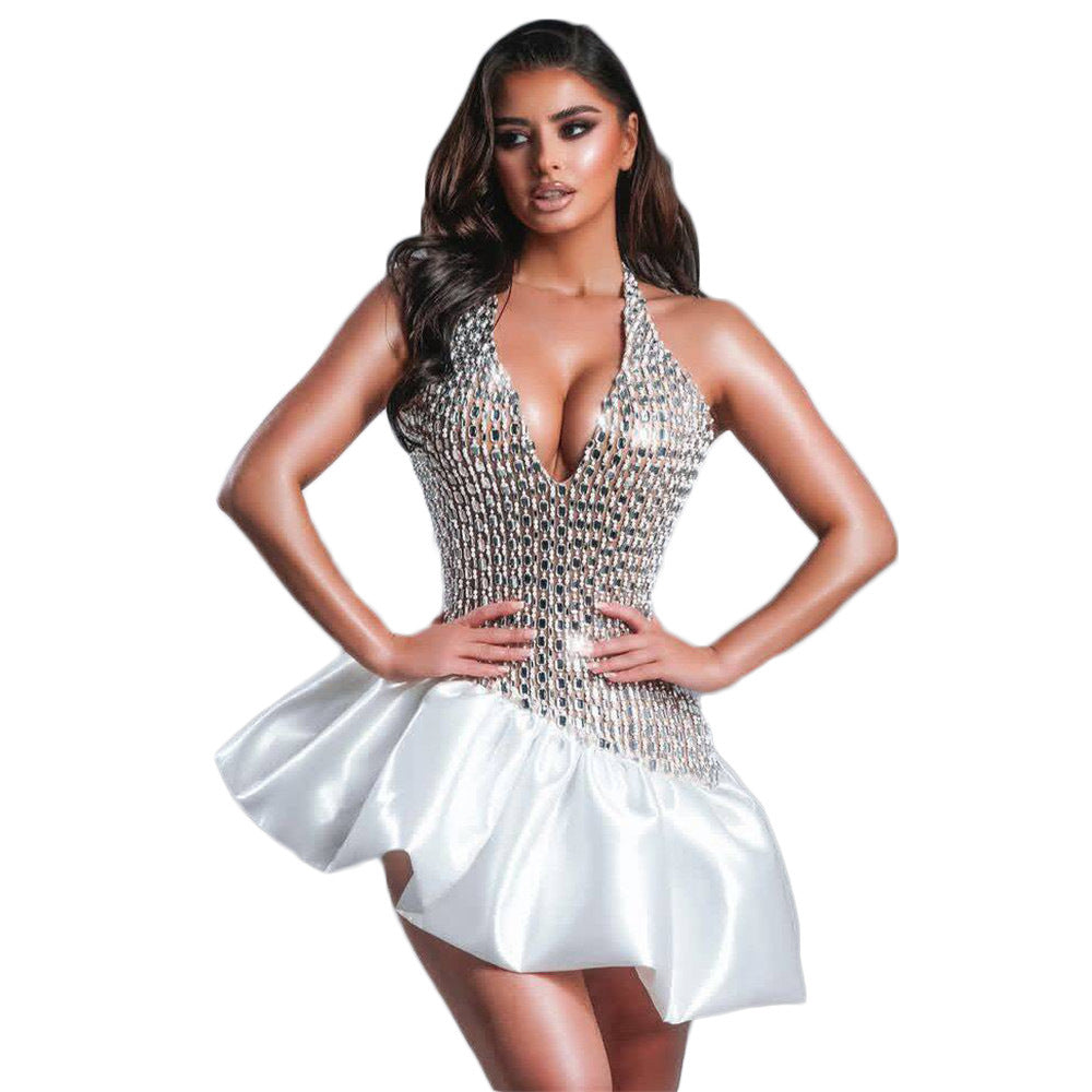 Women's Heavy-Duty Crystal Evening Dress Formal Midi Dress for Black Tie Wedding Guest Cocktail Party Prom Date Night