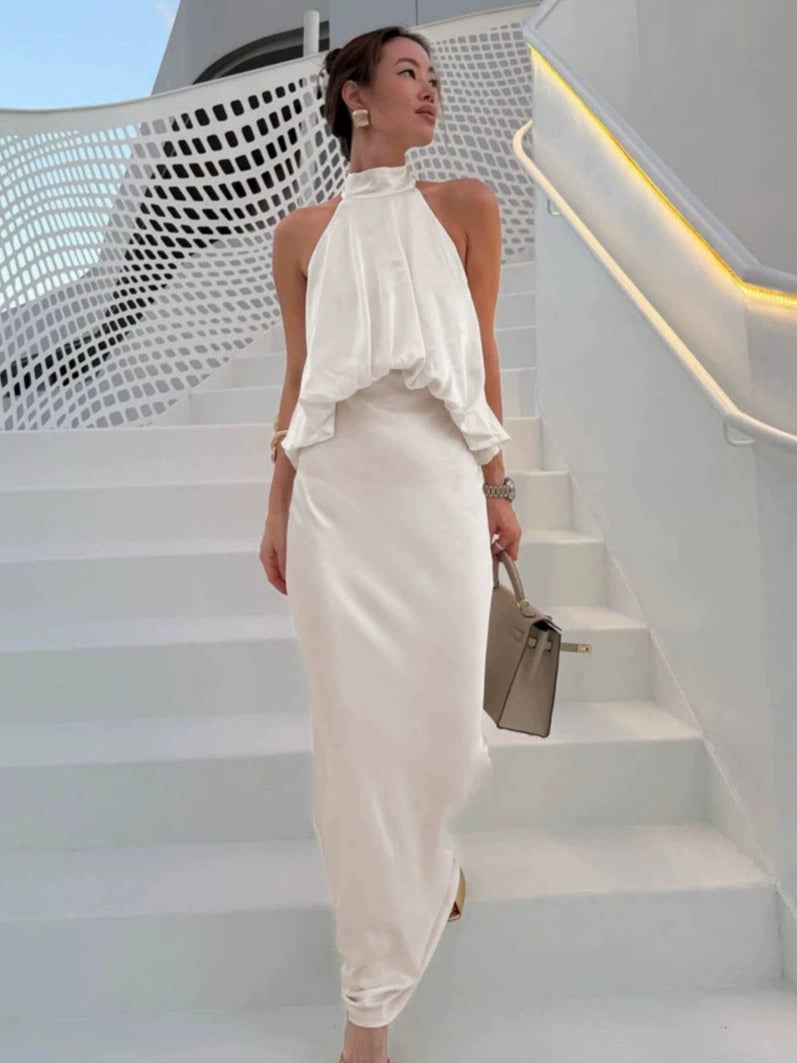 Apricot Satin Halter Evening Dress, High-Waist A-Line Puff Formal Gown for Women