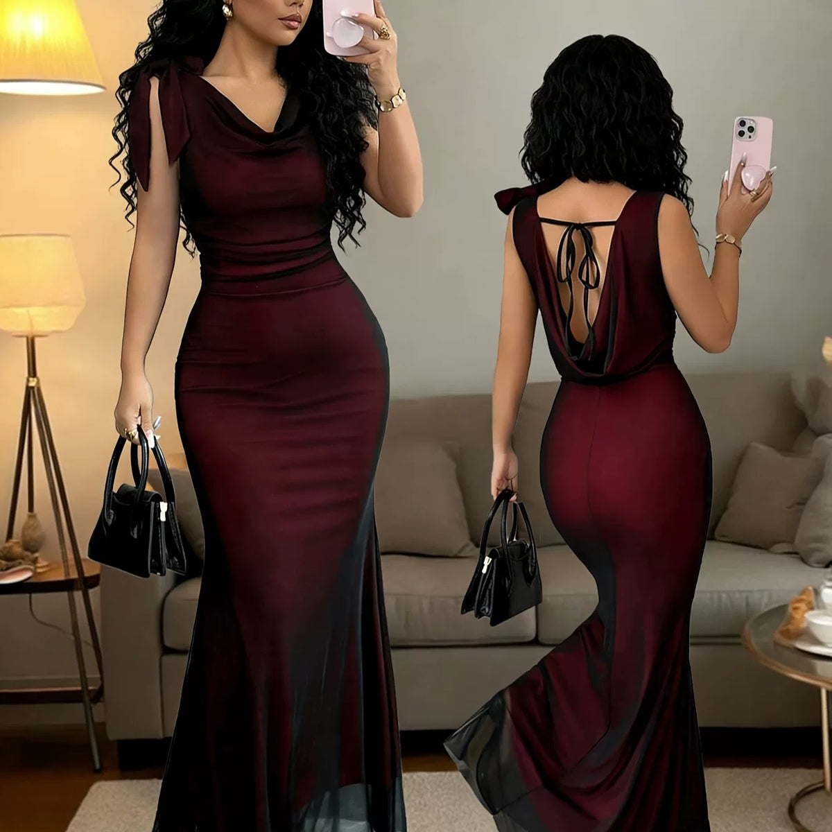 Women's Summer Slim-waist Open-back Maxi Bow Dress Party Evening Outfit Party Evening Casual Outfit