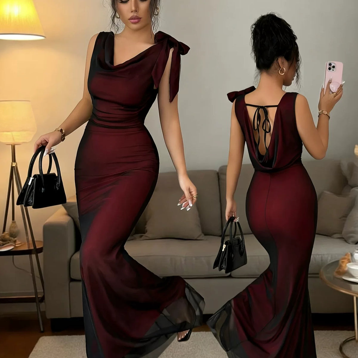 Women's Summer Slim-waist Open-back Maxi Bow Dress Party Evening Outfit Party Evening Casual Outfit
