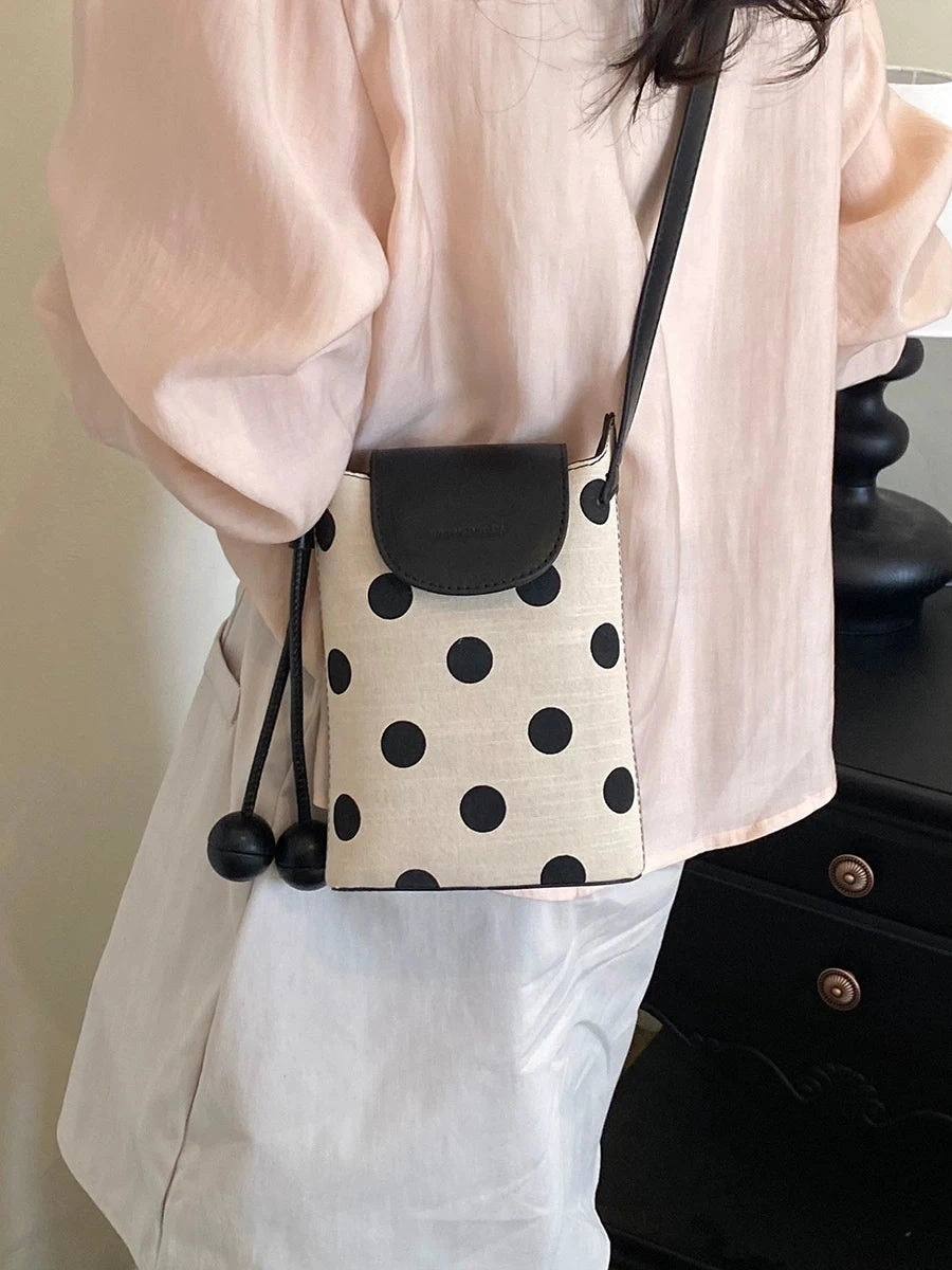 Women's Canvas Summer Polka-dot Casual Bucket Bag Drawstring Shoulder Purse Work Travel Everyday Purse