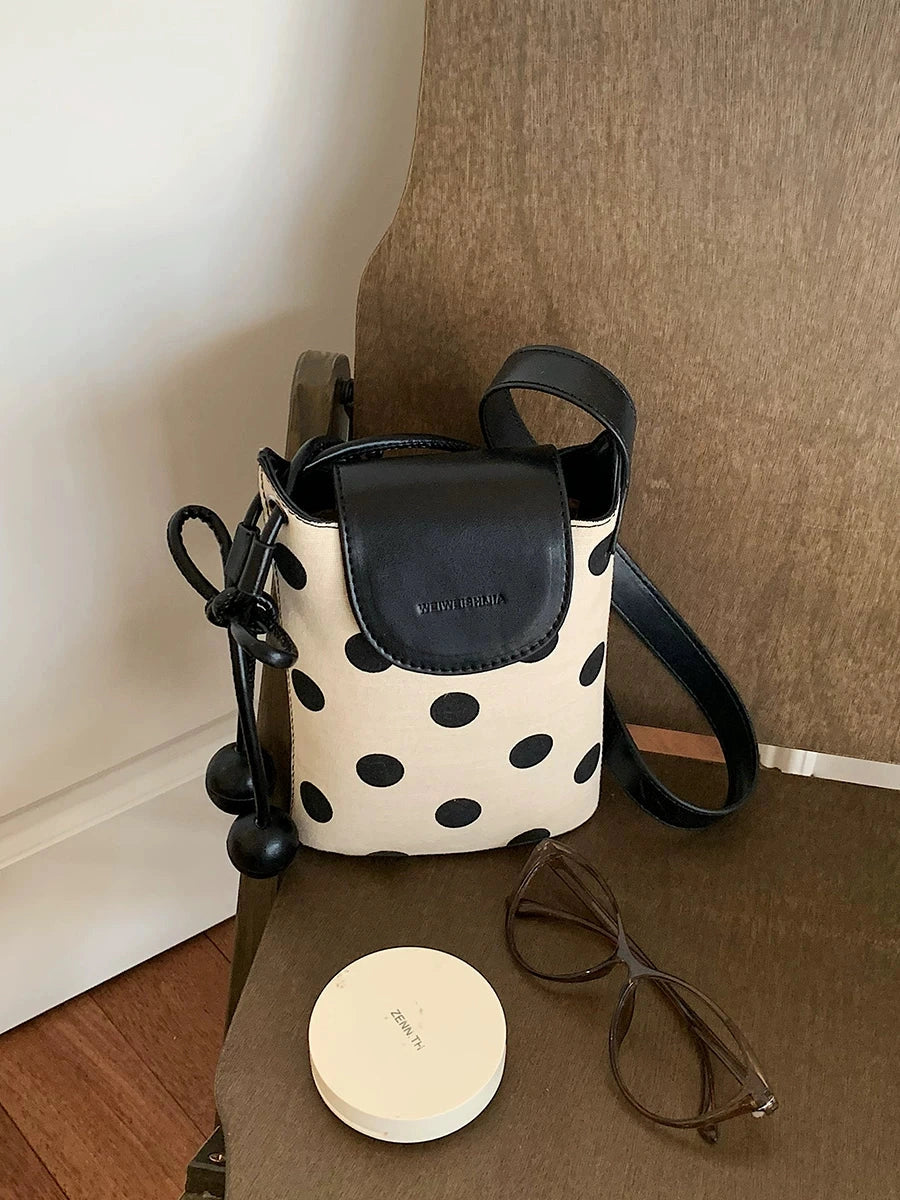 Women's Canvas Summer Polka-dot Casual Bucket Bag Drawstring Shoulder Purse Work Travel Everyday Purse