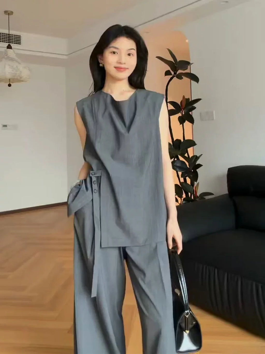 Women's Summer Grey Office Sleeveless Workwear Casual Business Suit Set for Interview Outfits Spring Date Night Holiday Party