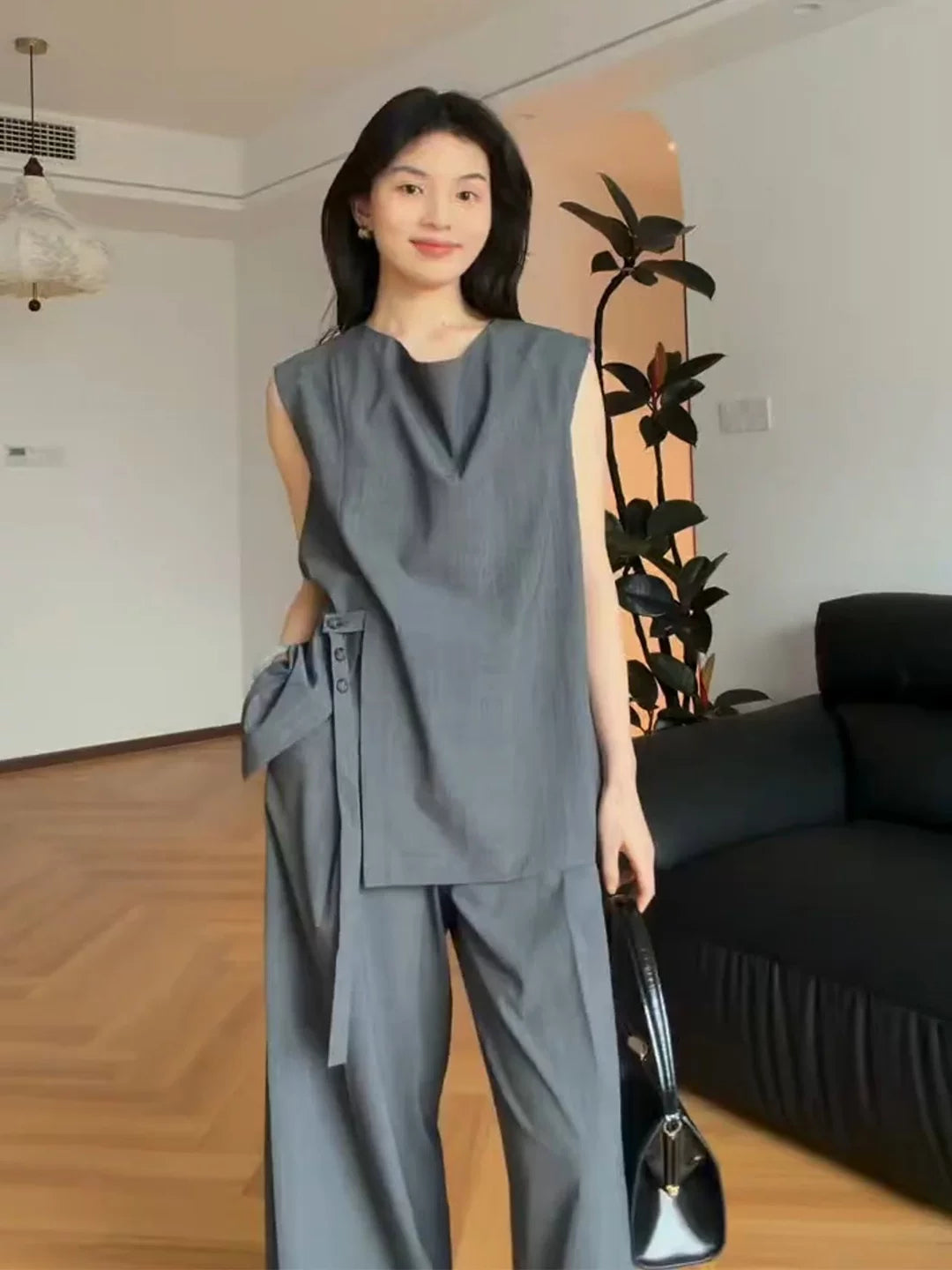Women's Summer Grey Office Sleeveless Workwear Casual Business Suit Set for Interview Outfits Spring Date Night Holiday Party