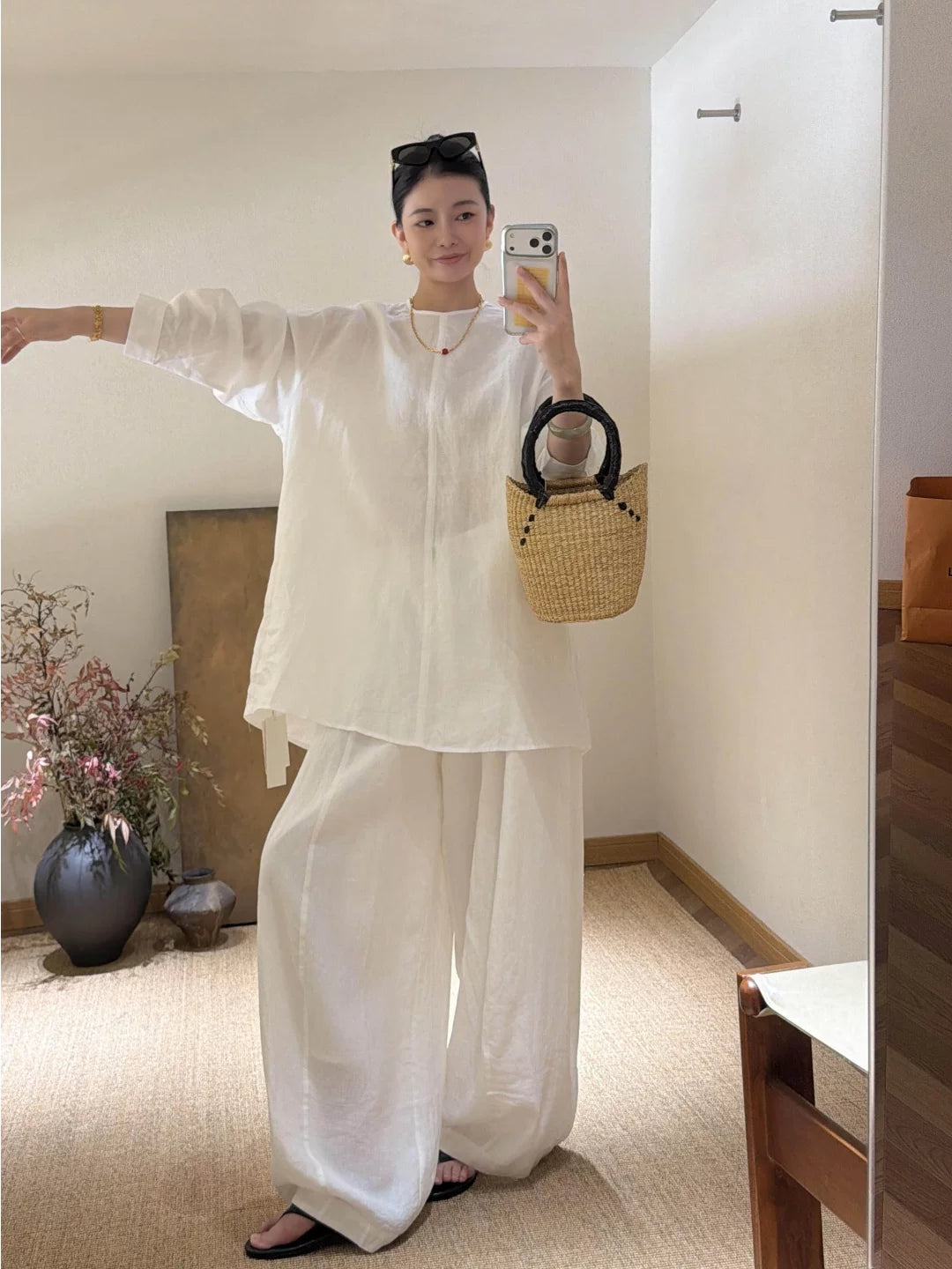 Women's Summer Cotton-linen Workwear Oversized Slim-fit Casual Two-piece Set for Wedding Guest Office Business Slimming Travel Weekend At Home