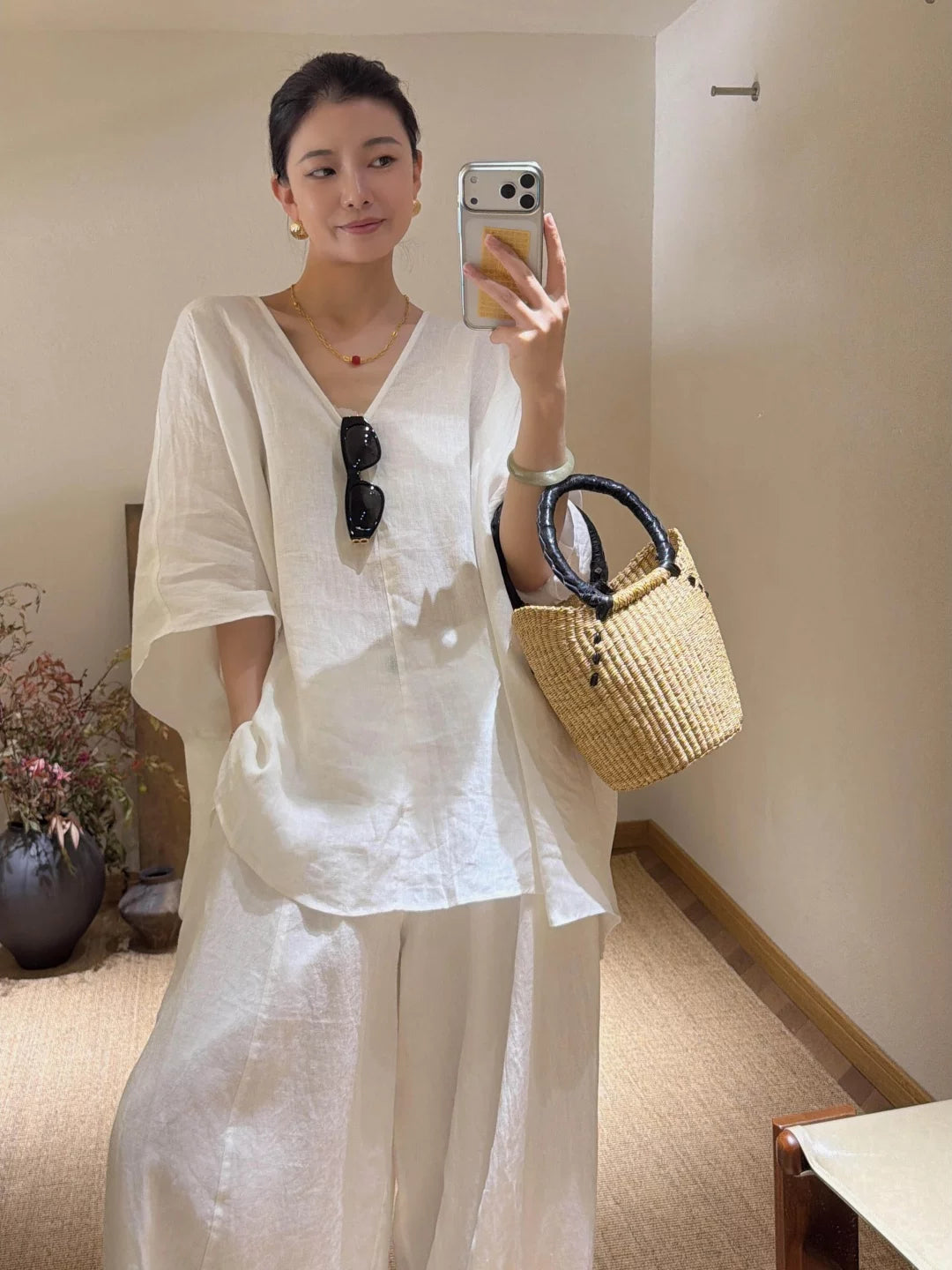 Women's Summer Cotton-linen Workwear Oversized Slim-fit Casual Two-piece Set for Wedding Guest Office Business Slimming Travel Weekend At Home
