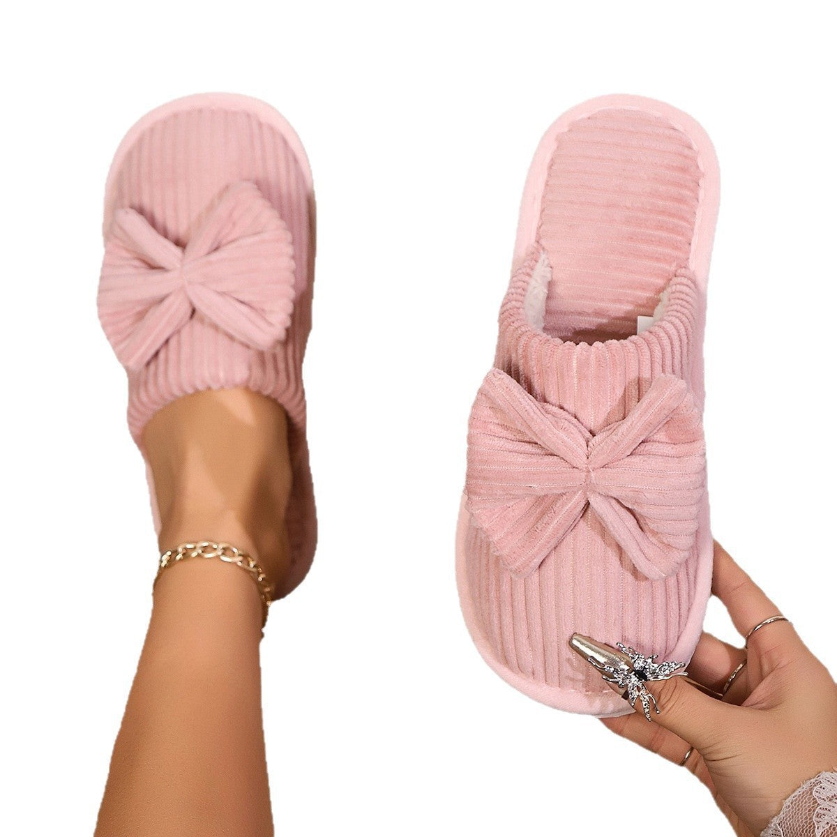 Women's Bow Fleece-lined Slippers Outdoor Mules Casual Everyday Wear Womenswear