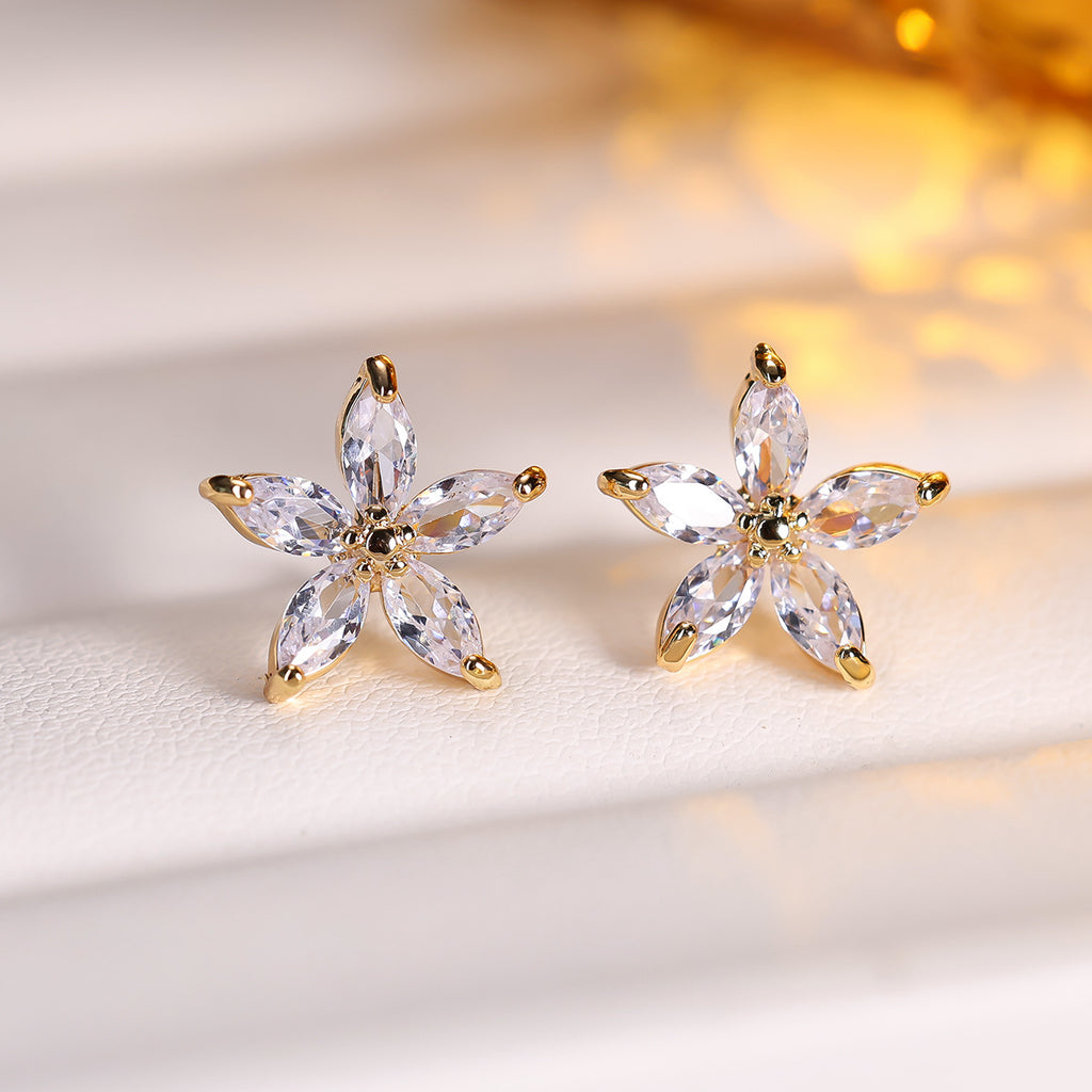 Cubic zirconia floral stud earrings by Yoshan, detail view 3