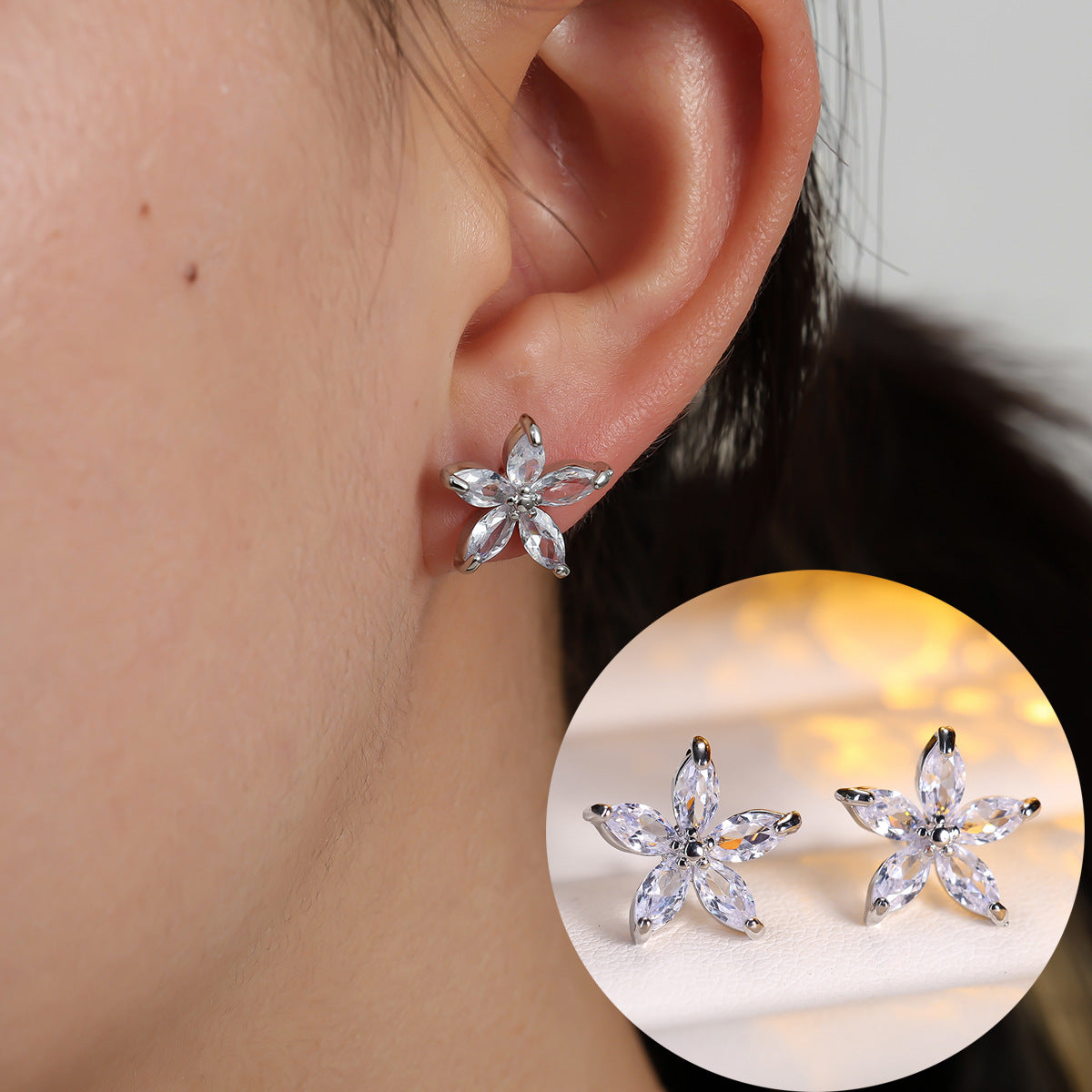 Cubic zirconia floral stud earrings by Yoshan, detail view 5