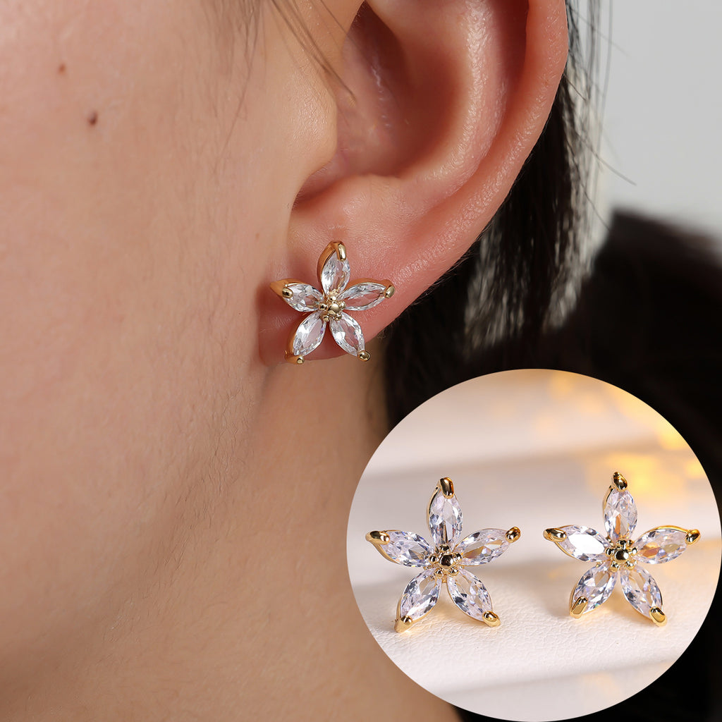 Cubic zirconia floral stud earrings by Yoshan, detail view 6
