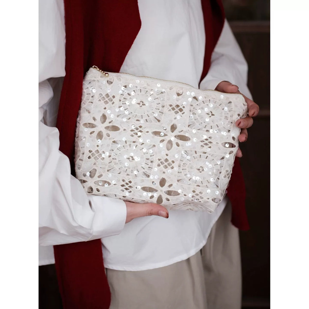 White lace cosmetic pouch