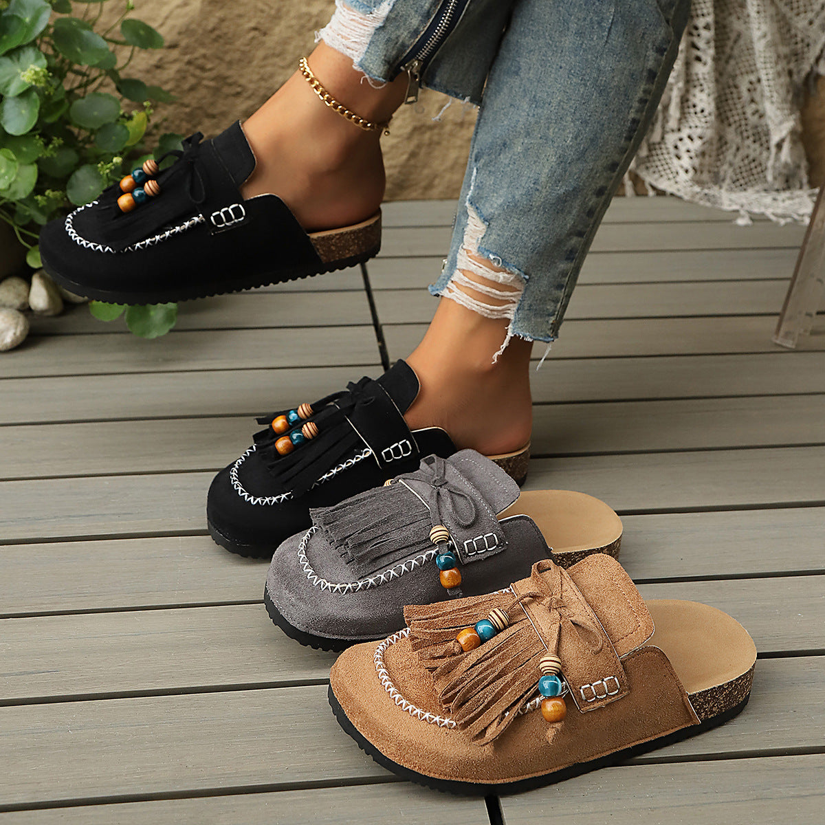 Women's Tassel Summer Beaded Closed Toe Flat Retro Casual Mule Slippers House Indoor
