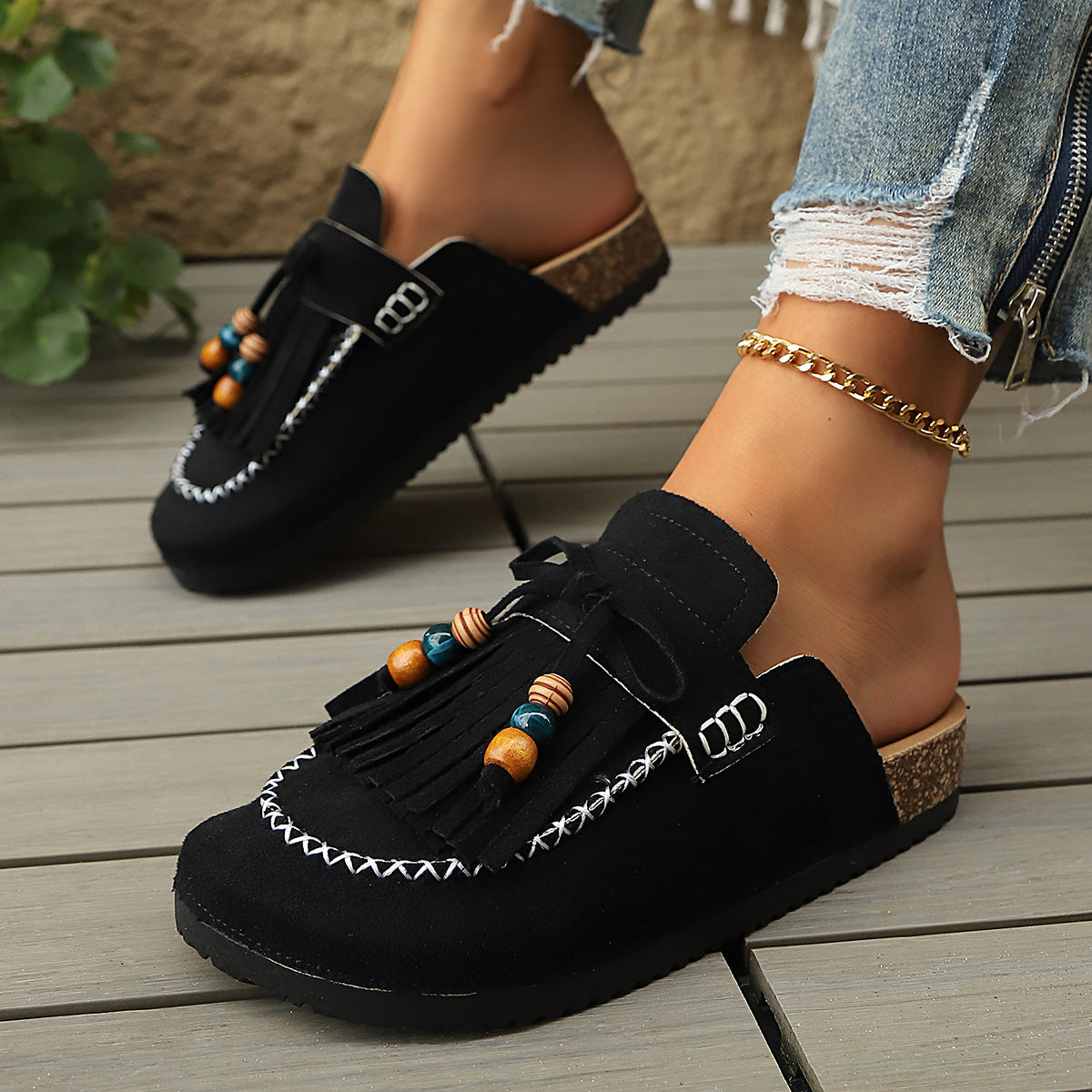 Women's Tassel Summer Beaded Closed Toe Flat Retro Casual Mule Slippers House Indoor