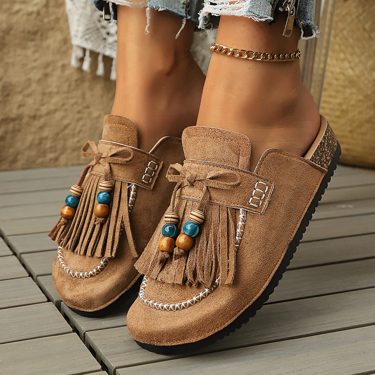 Women's Tassel Summer Beaded Closed Toe Flat Retro Casual Mule Slippers House Indoor