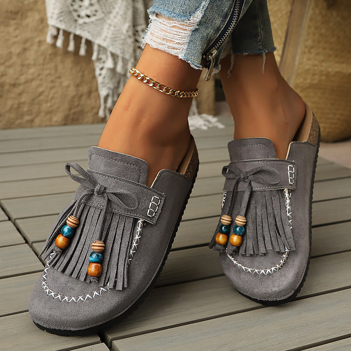 Women's Tassel Summer Beaded Closed Toe Flat Retro Casual Mule Slippers House Indoor