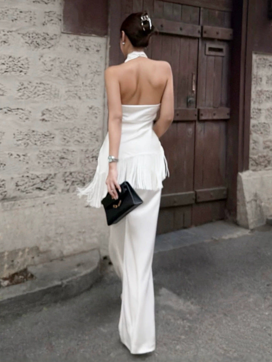 Women's Satin Open-back Workwear Cowl-neck Wide-leg Pants Set