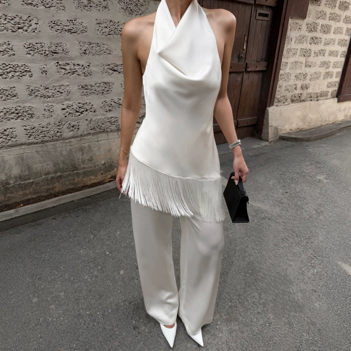 Women's Satin Open-back Workwear Cowl-neck Wide-leg Pants Set