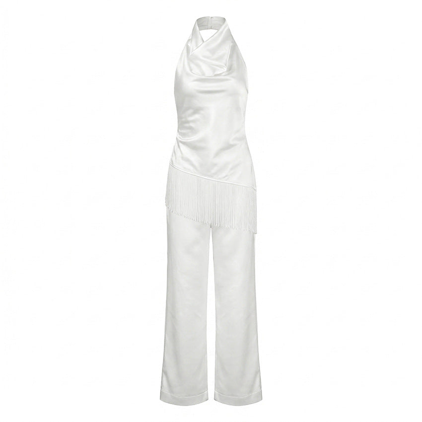 Women's Satin Open-back Workwear Cowl-neck Wide-leg Pants Set