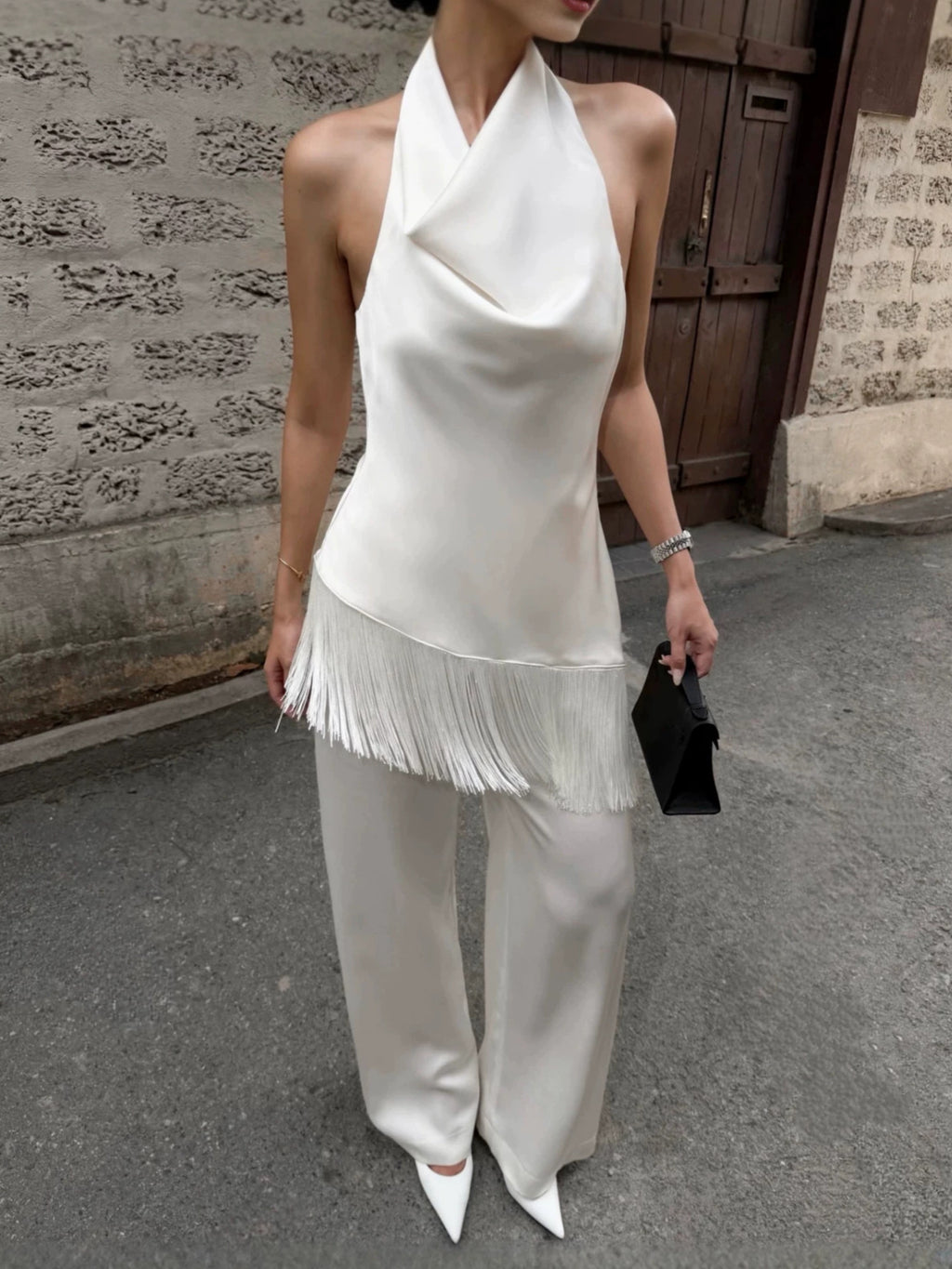 Women's Satin Open-back Workwear Cowl-neck Wide-leg Pants Set