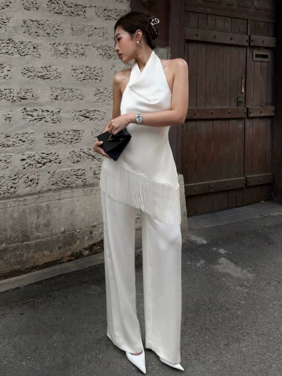 Women's Satin Open-back Workwear Cowl-neck Wide-leg Pants Set
