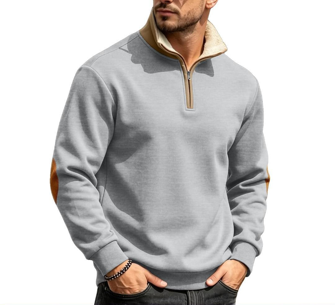 Men's Half-Zip Fall Winter Embroidered Mandarin Collar Fleece-Lined Long Sleeve Retro Casual Hoodie Sweatshirt