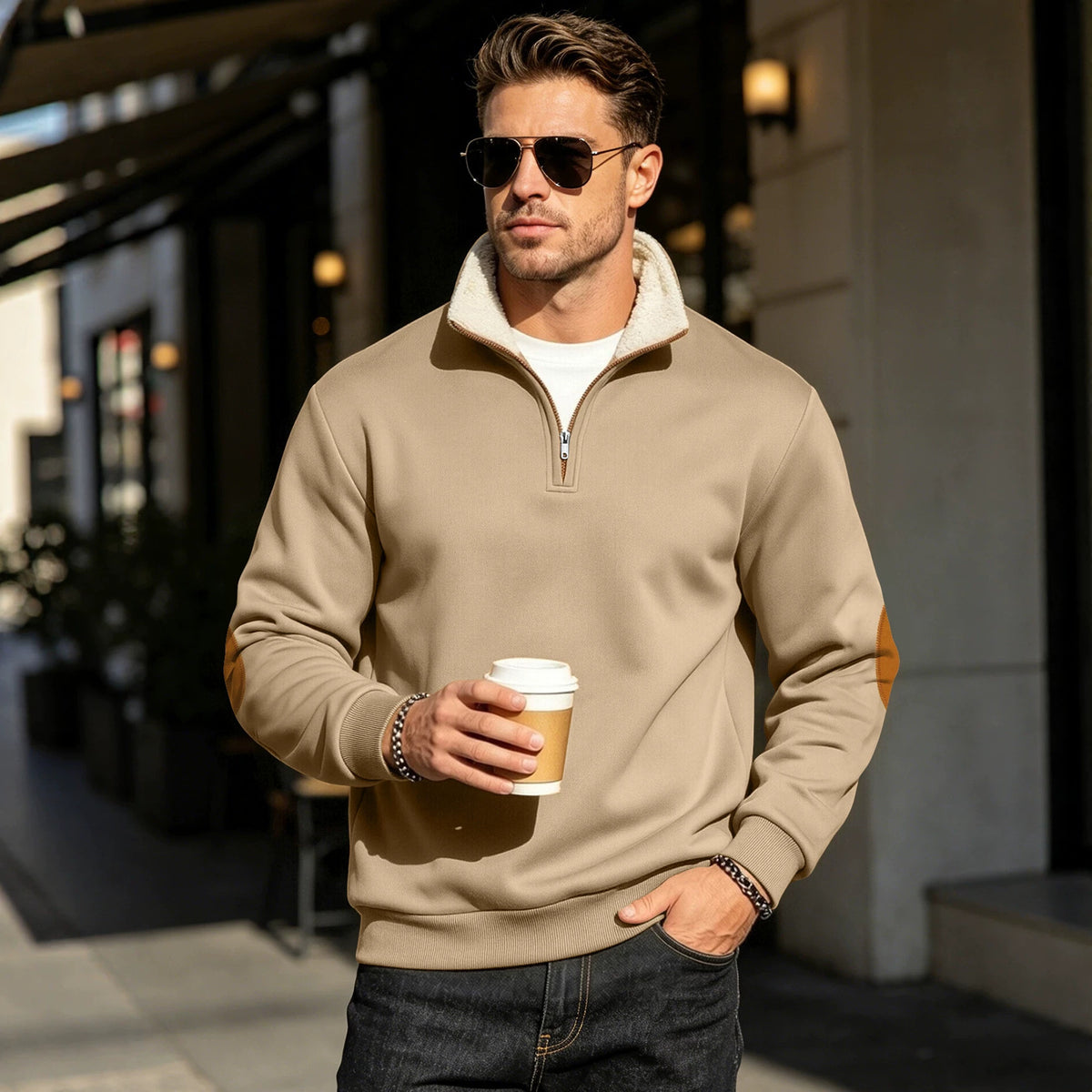 Men's Half-Zip Fall Winter Embroidered Mandarin Collar Fleece-Lined Long Sleeve Retro Casual Hoodie Sweatshirt