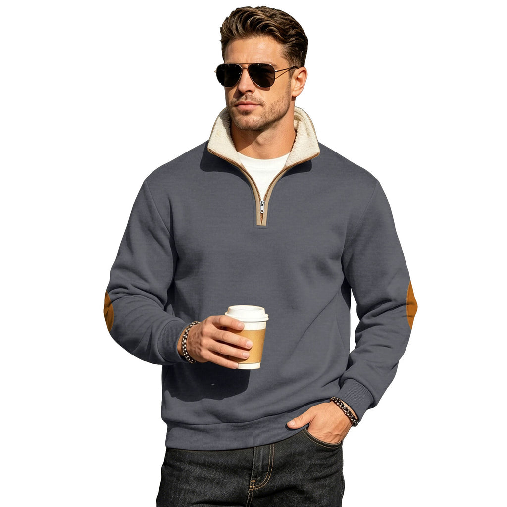 Men's Half-Zip Fall Winter Embroidered Mandarin Collar Fleece-Lined Long Sleeve Retro Casual Hoodie Sweatshirt