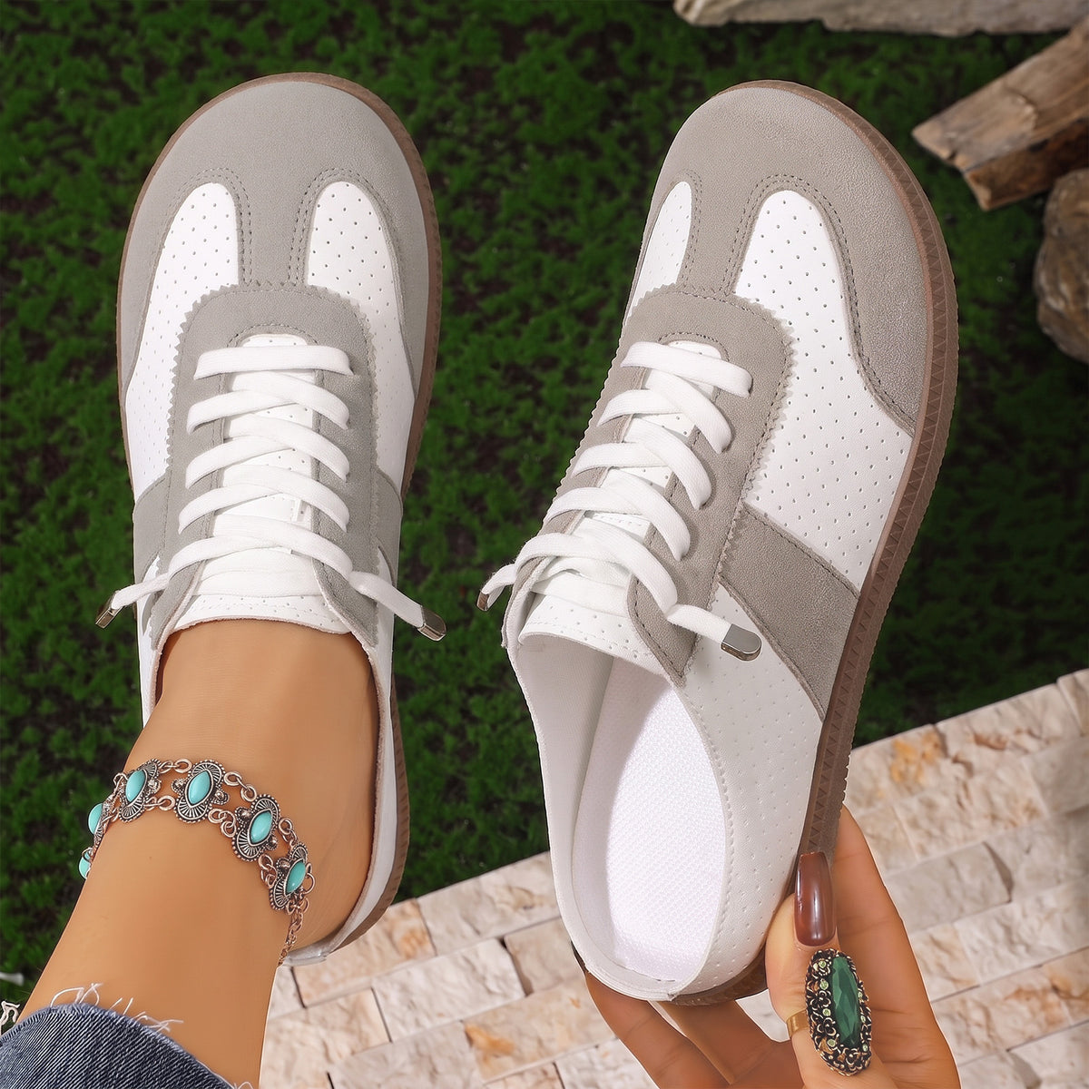Women's Breathable Mesh Closed Toe Slip-on Lace-up Color-block Soft Sole Workwear Casual Mule Slippers Backless Outdoor Mules