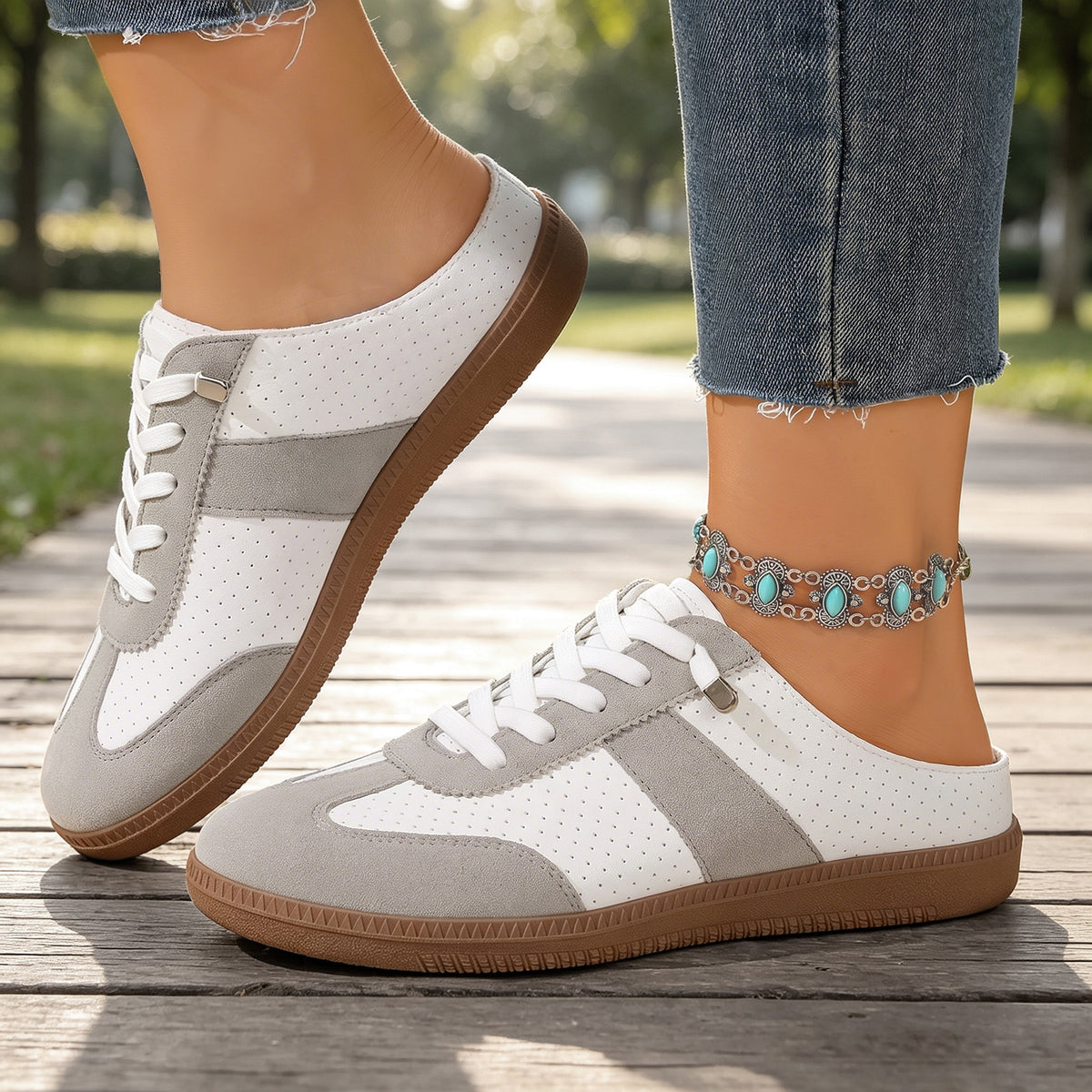 Women's Breathable Mesh Closed Toe Slip-on Lace-up Color-block Soft Sole Workwear Casual Mule Slippers Backless Outdoor Mules