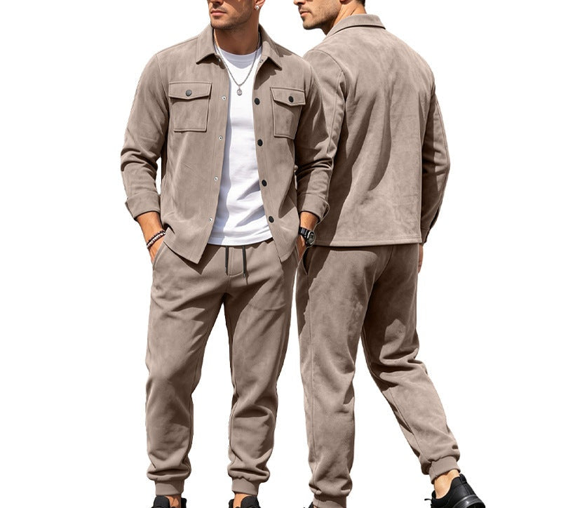 Men's Suede-Look Lapel Long Sleeve Casual Two-Piece Set Office Travel Weekend Vacation