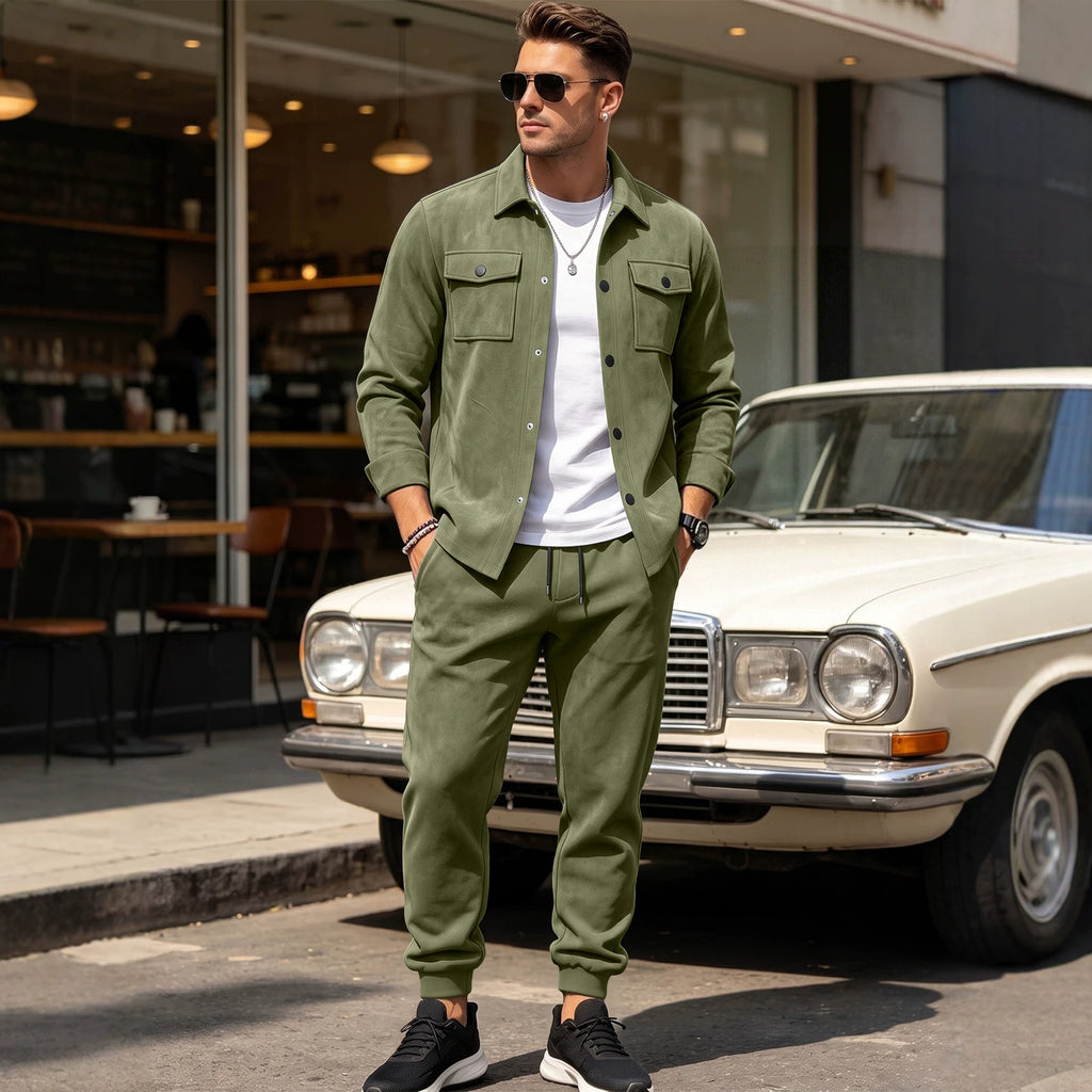 Men's Suede-Look Lapel Long Sleeve Casual Two-Piece Set Office Travel Weekend Vacation