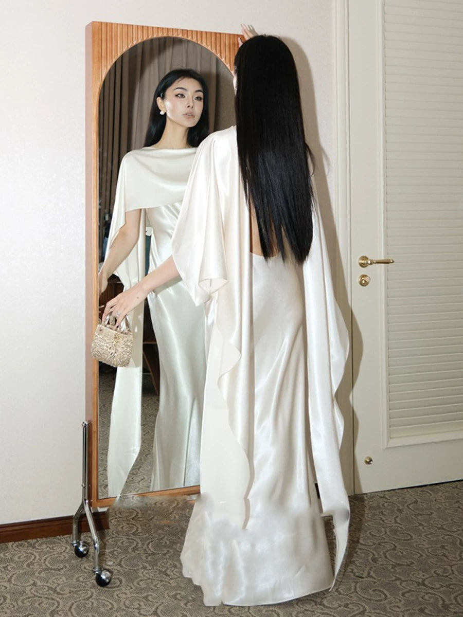 Women's Satin Open-Back Halter Dress Party French-Inspired Evening Dress Formal Midi Dress