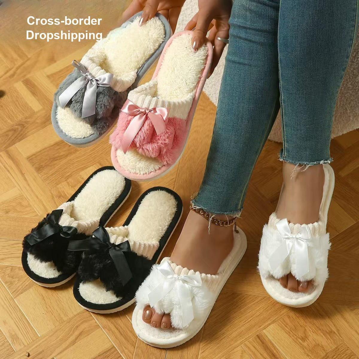 Women's Plush Bow Outdoor Slippers Outdoor Mules Casual Everyday Wear Womenswear