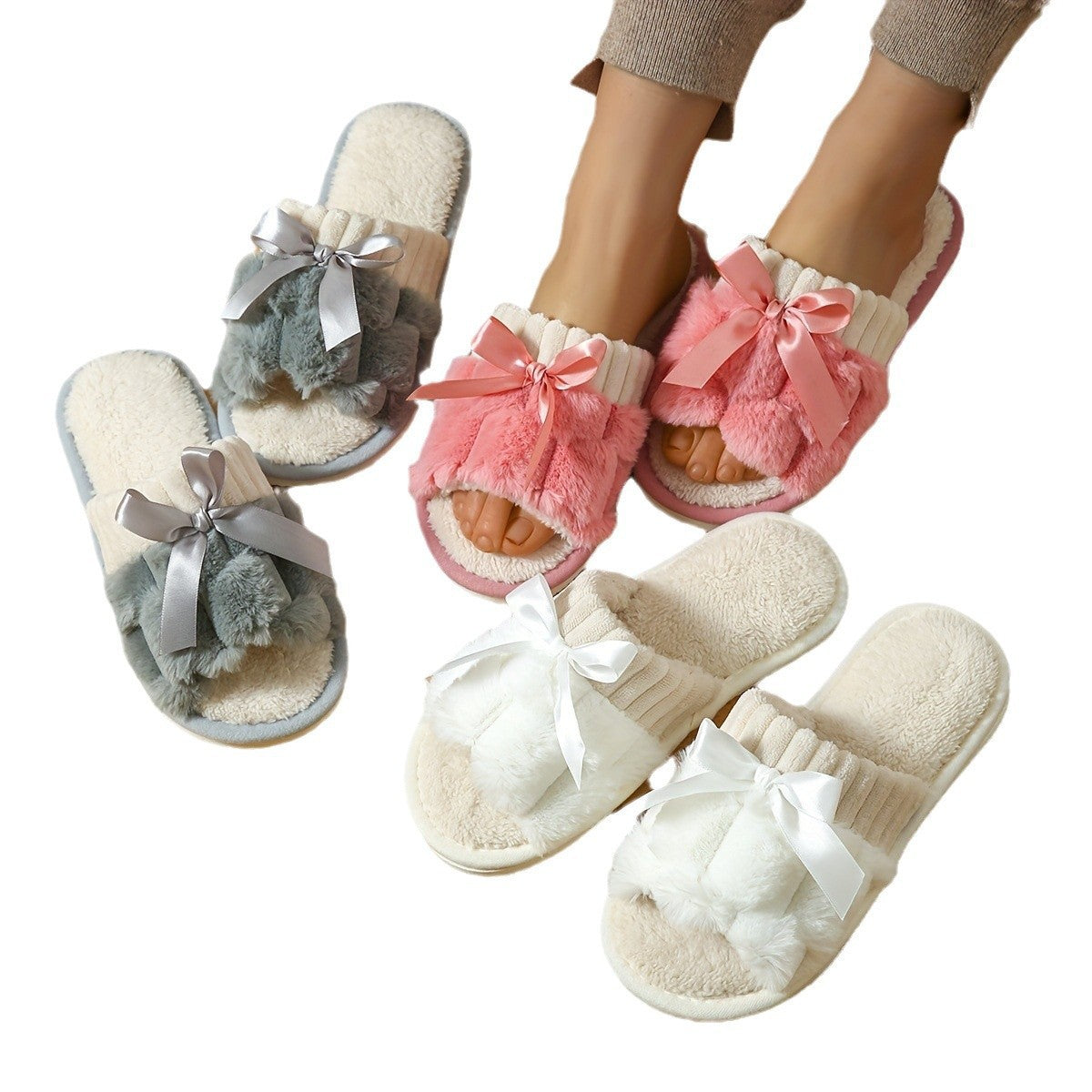 Women's Plush Bow Outdoor Slippers Outdoor Mules Casual Everyday Wear Womenswear