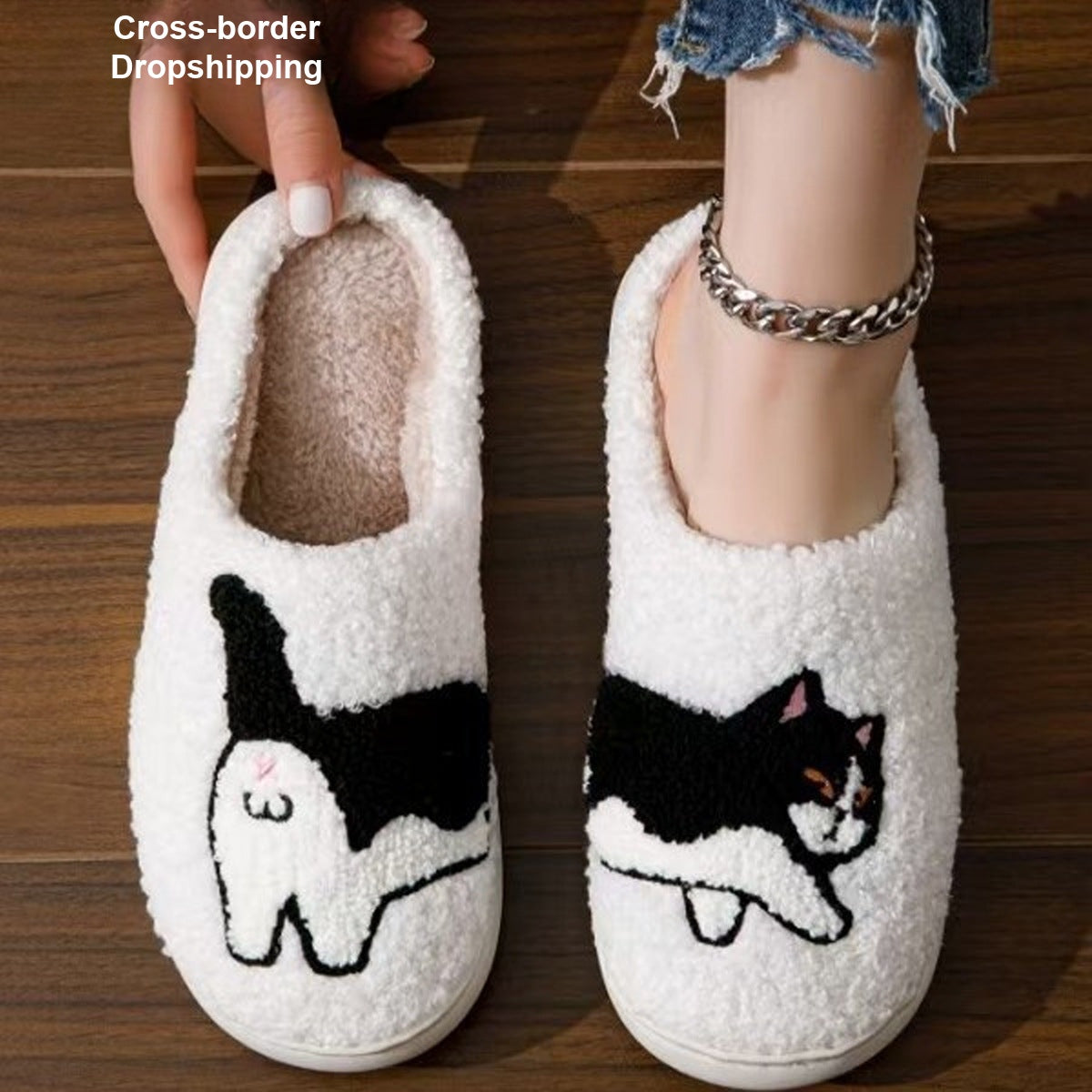 Women's Cartoon Cat Fleece-lined House Slippers Indoor Soft Slides