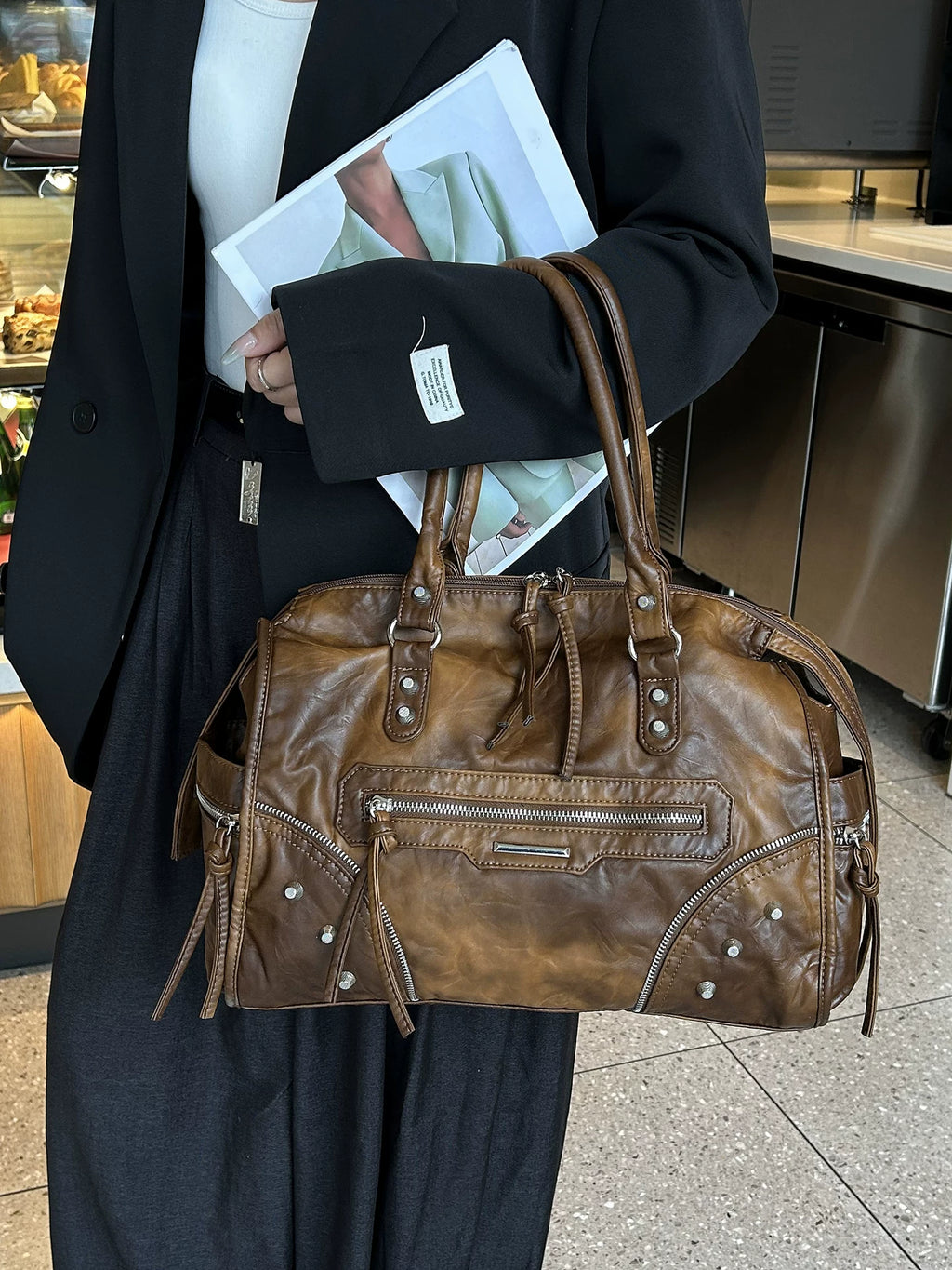 Women's Large-capacity Studded Office Workwear Retro Tote Bag Shoulder Crossbody Purse Work Travel Everyday Purse
