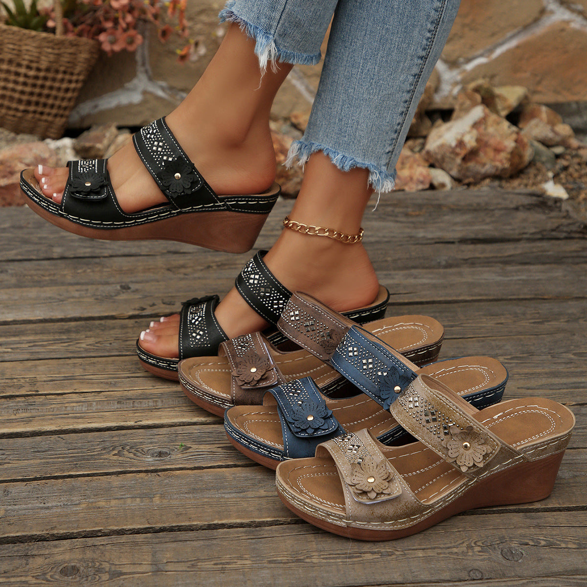 Women's Crystal Floral Wedge Flat Plus Size Retro Casual Slippers Indoor Outdoor House Shoes