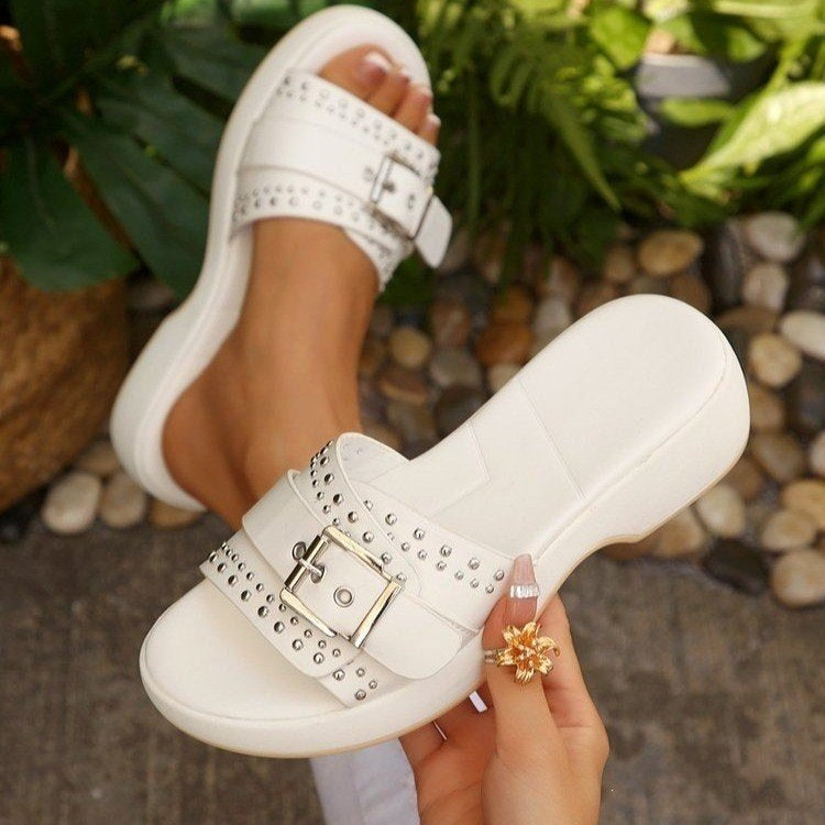 Women's Polka-Dot Footbed Non-Slip Chunky Sole Lift Slide Slippers Indoor Outdoor Slides