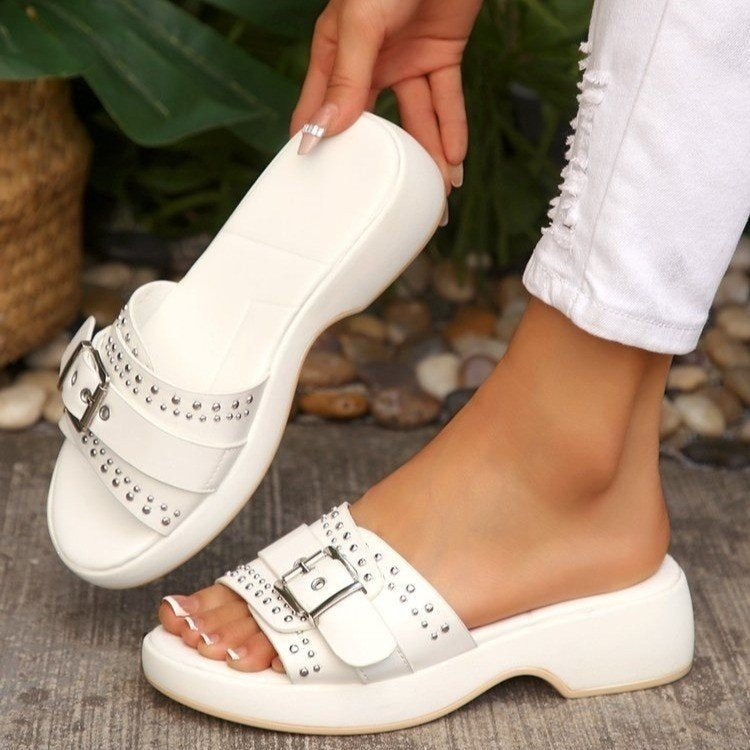 Women's Polka-Dot Footbed Non-Slip Chunky Sole Lift Slide Slippers Indoor Outdoor Slides