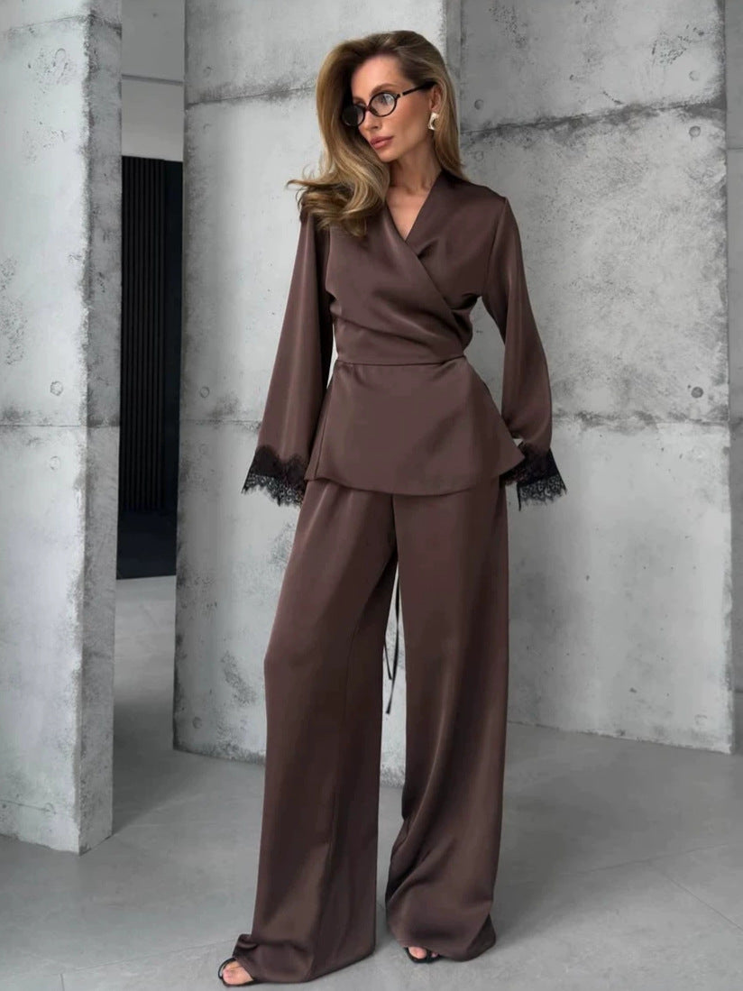 Women's Satin Workwear Lace-up Wide-leg Pants Set Casual Everyday Wear Womenswear