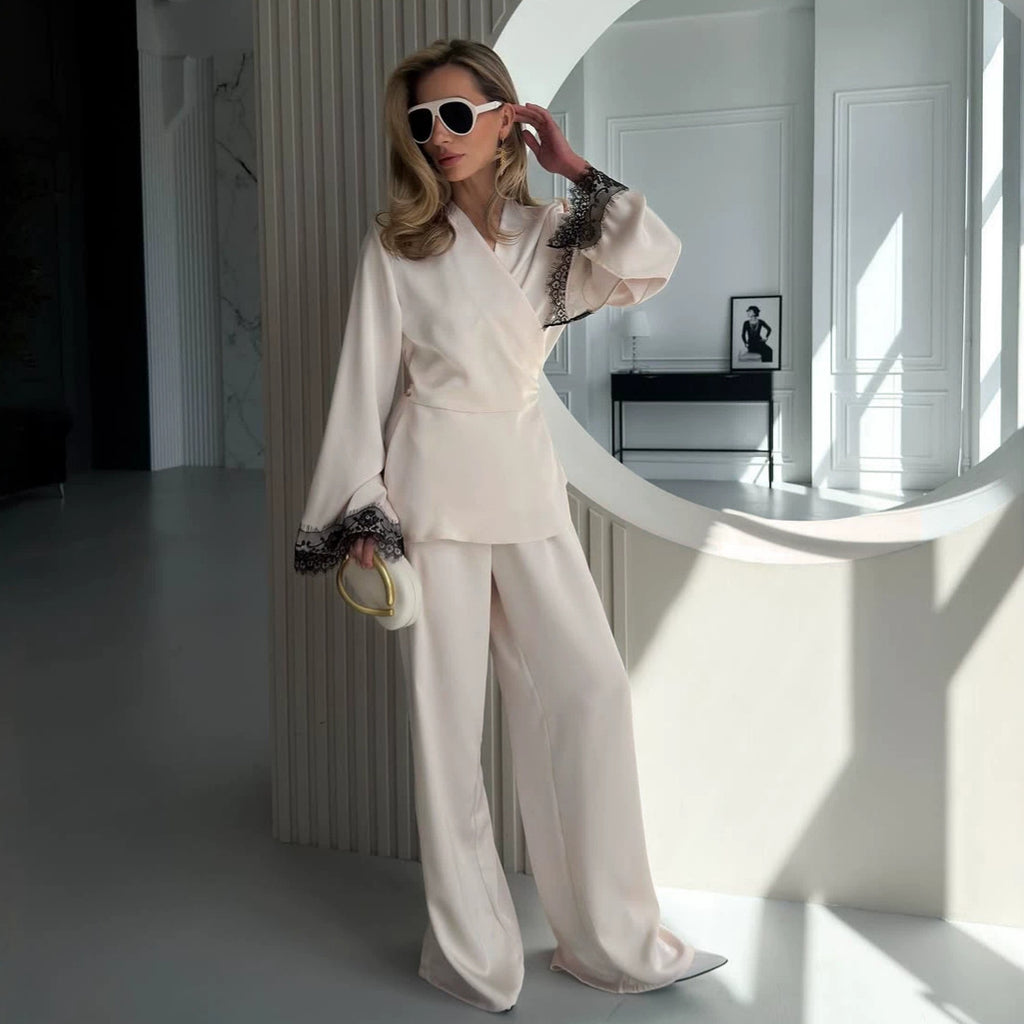 Women's Satin Workwear Lace-up Wide-leg Pants Set Casual Everyday Wear Womenswear