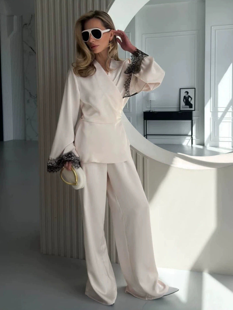 Women's Satin Workwear Lace-up Wide-leg Pants Set Casual Everyday Wear Womenswear