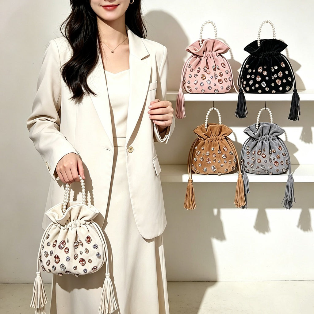 Women's Crystal Pearl Bucket Bag Drawstring Shoulder Purse Hobo for Everyday Use Travel Work Premium Versatile Office School