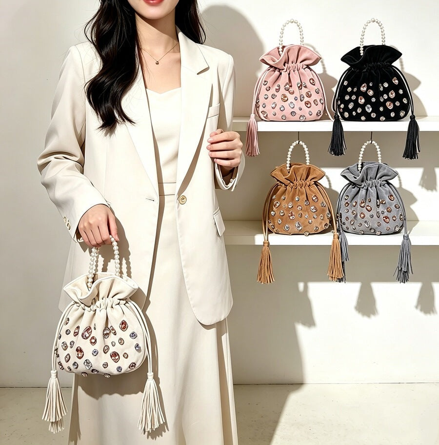 Women's Crystal Pearl Bucket Bag Drawstring Shoulder Purse Hobo for Everyday Use Travel Work Premium Versatile Office School