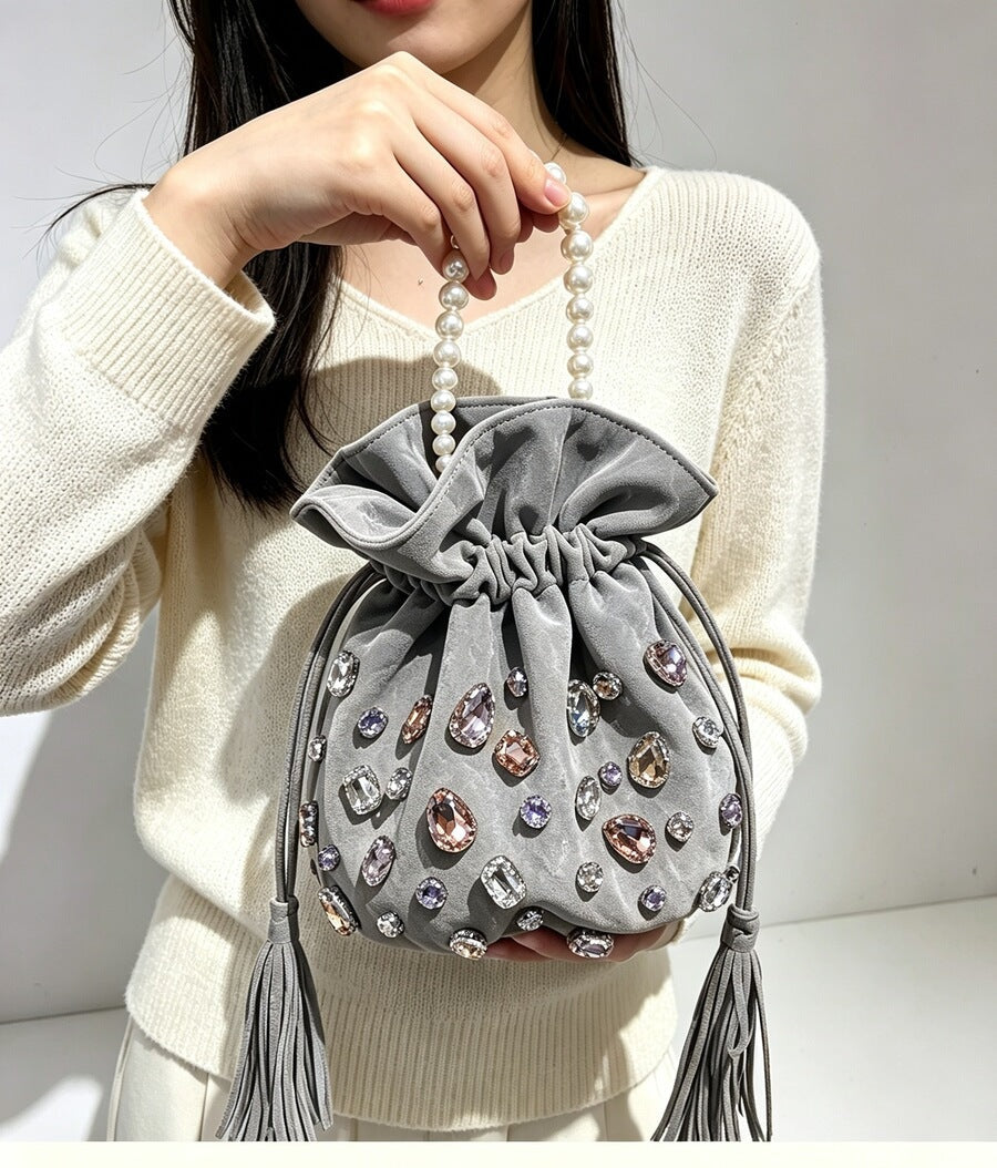 Women's Crystal Pearl Bucket Bag Drawstring Shoulder Purse Hobo for Everyday Use Travel Work Premium Versatile Office School