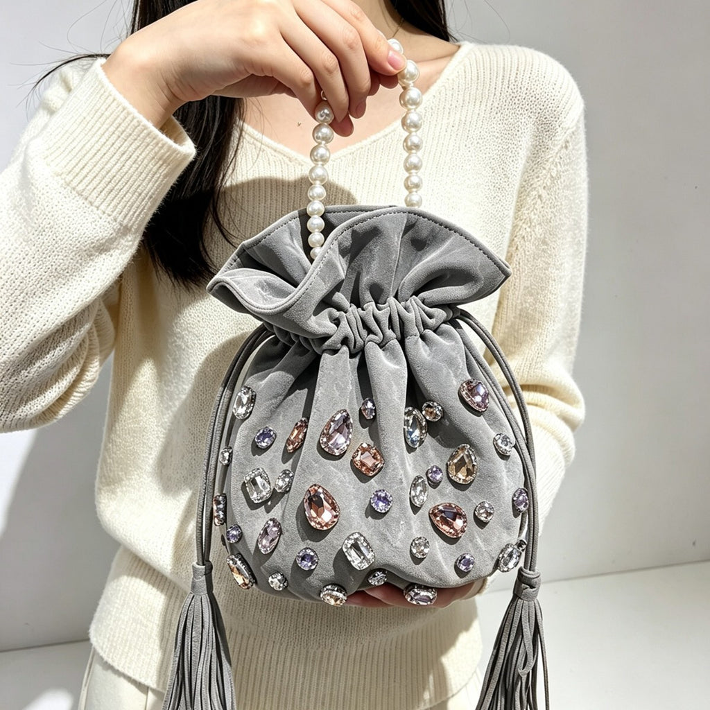 Women's Crystal Pearl Bucket Bag Drawstring Shoulder Purse Hobo for Everyday Use Travel Work Premium Versatile Office School
