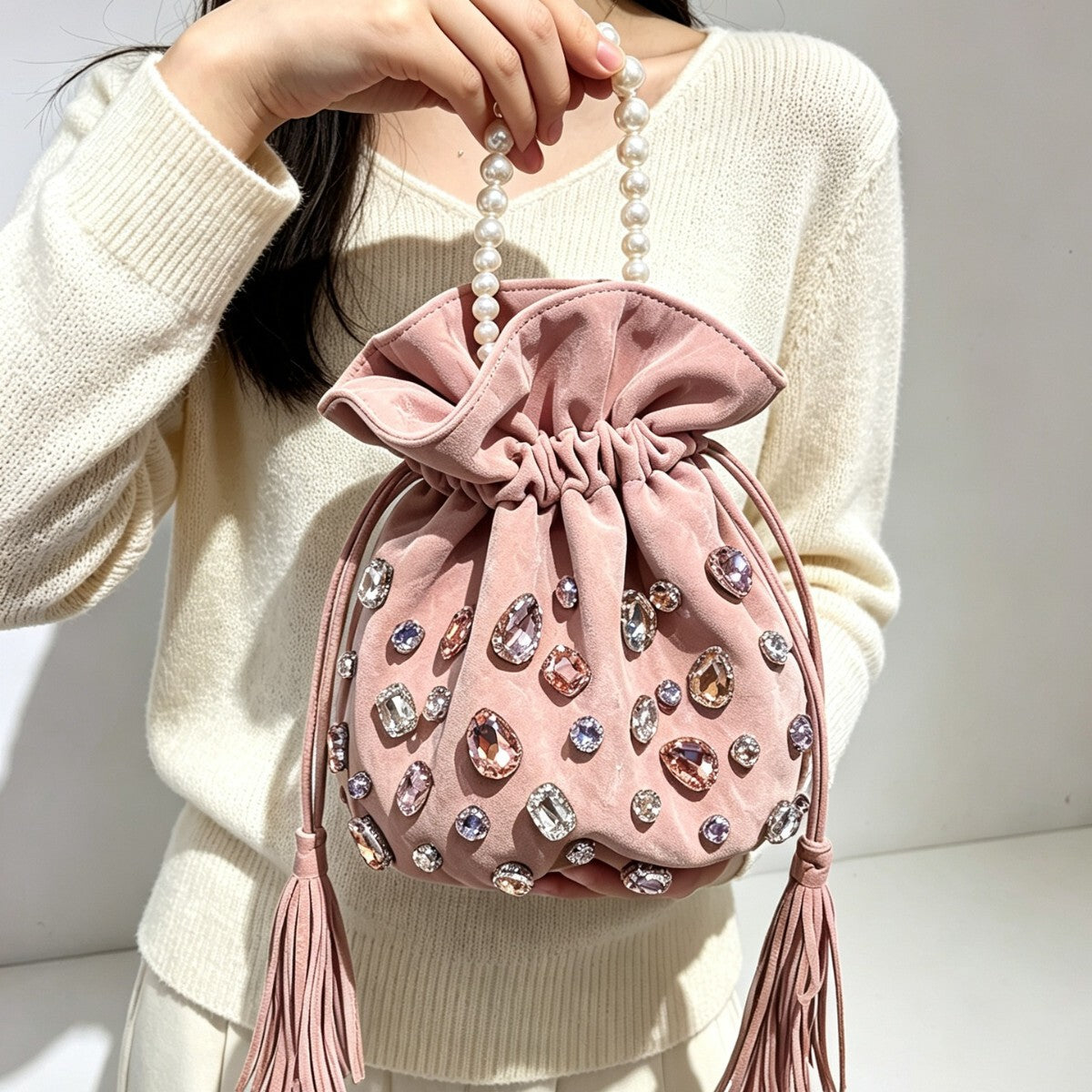 Women's Crystal Pearl Bucket Bag Drawstring Shoulder Purse Hobo for Everyday Use Travel Work Premium Versatile Office School