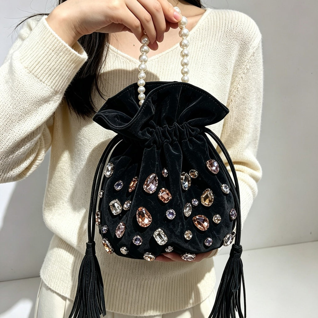 Women's Crystal Pearl Bucket Bag Drawstring Shoulder Purse Hobo for Everyday Use Travel Work Premium Versatile Office School
