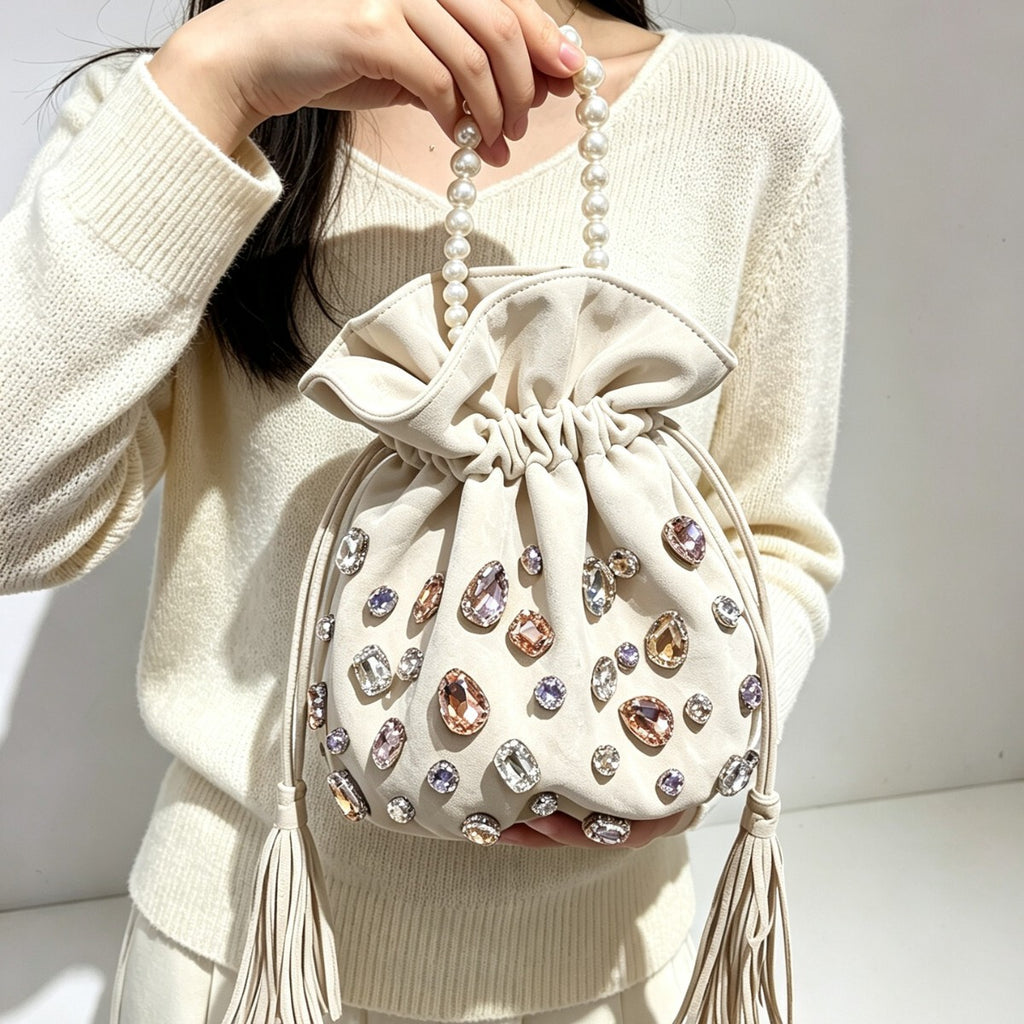 Women's Crystal Pearl Bucket Bag Drawstring Shoulder Purse Hobo for Everyday Use Travel Work Premium Versatile Office School